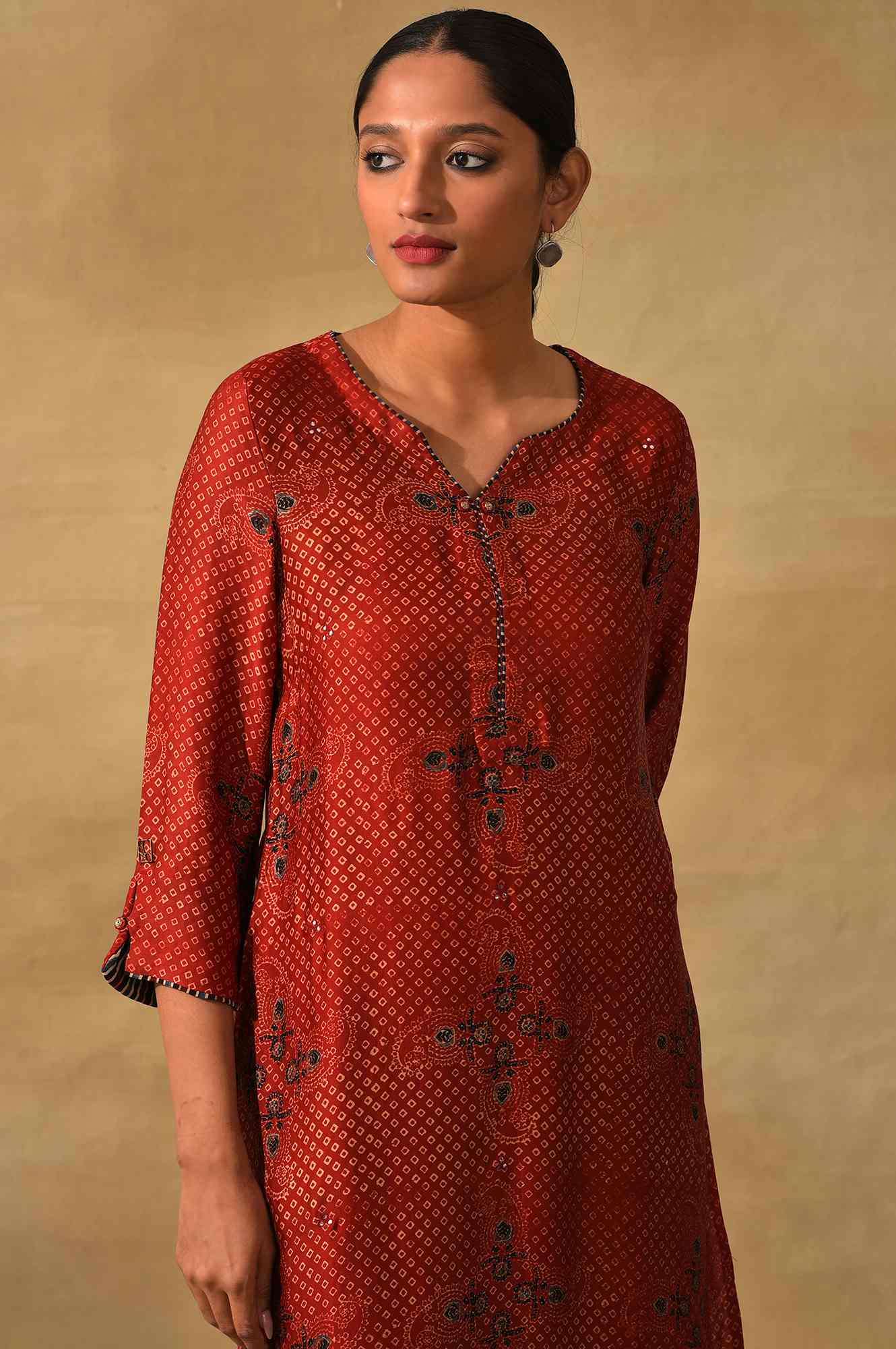 Red Ajrakh Print Lustrous kurta - Image 5