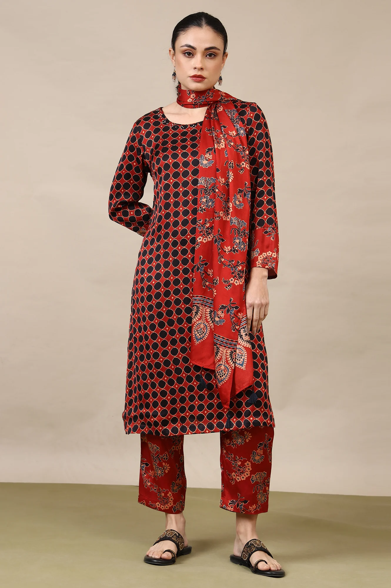 Red Ajrakh Printed Kurta, Straight Pants and Dupatta Set in Modal Satin - Image 2