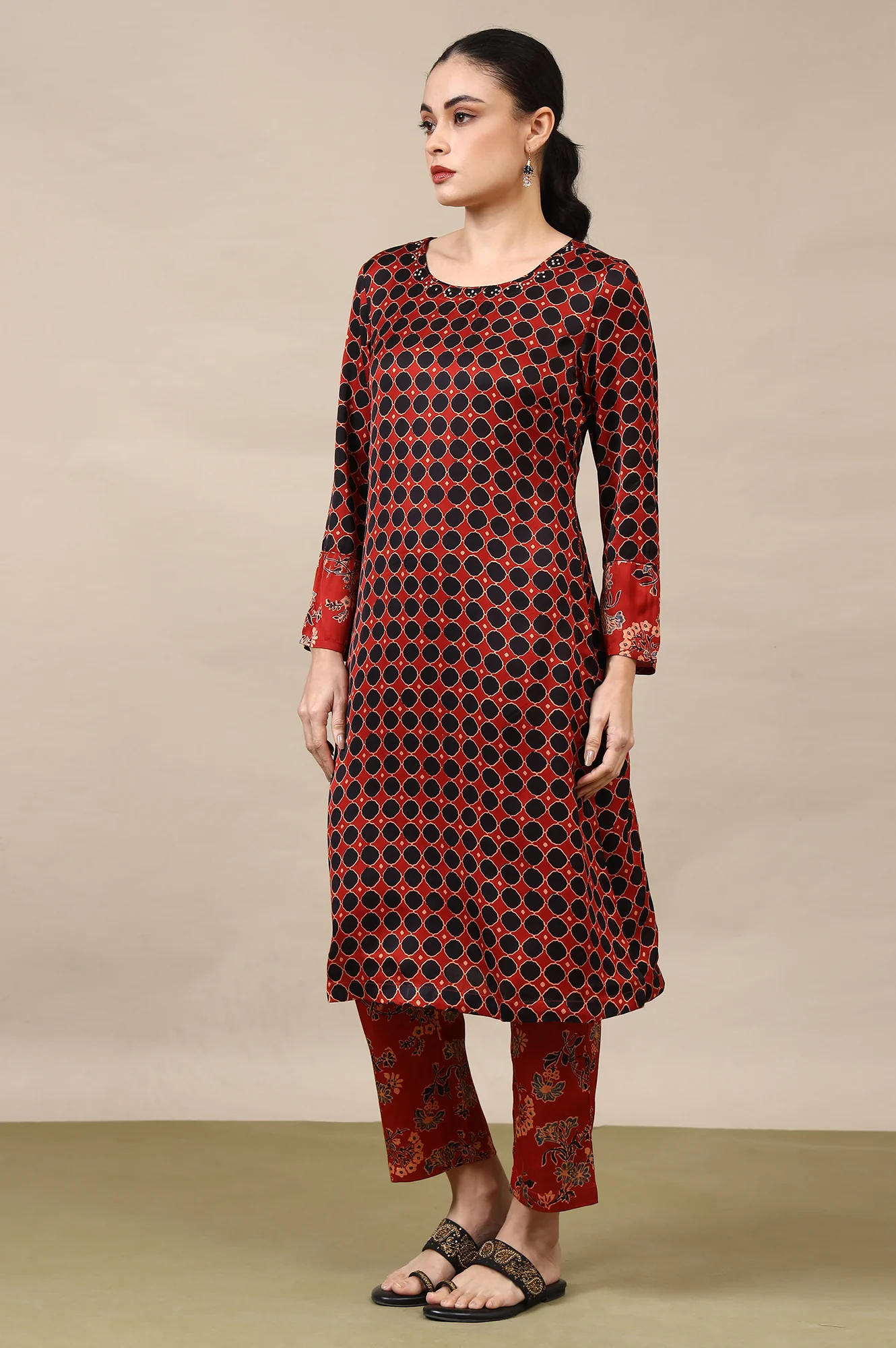 Red Ajrakh Printed Kurta, Straight Pants and Dupatta Set in Modal Satin - Image 5