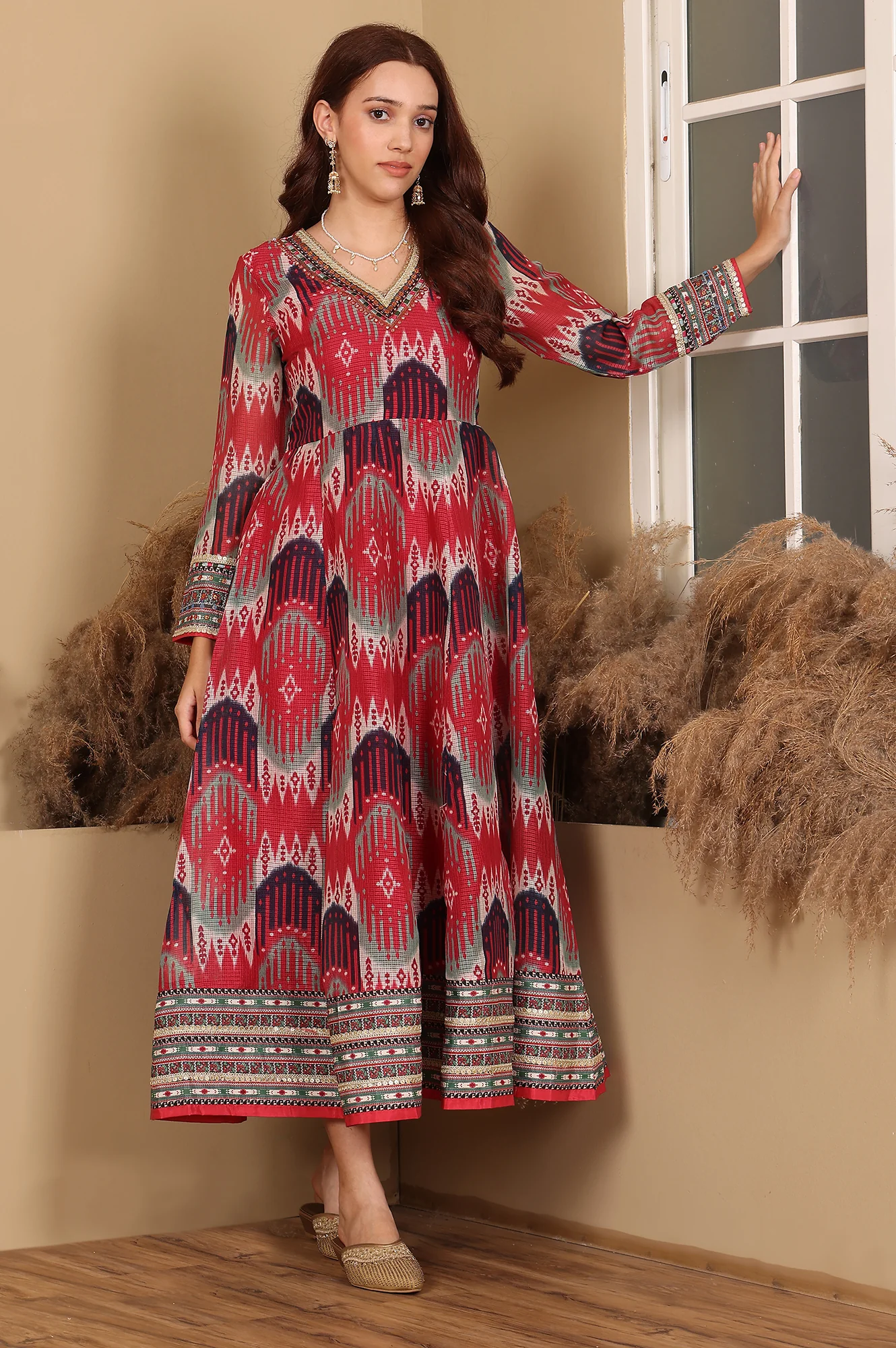 Red And Multi-Coloured Ikkat Printed Flared Dress With Thread & Mirror Work