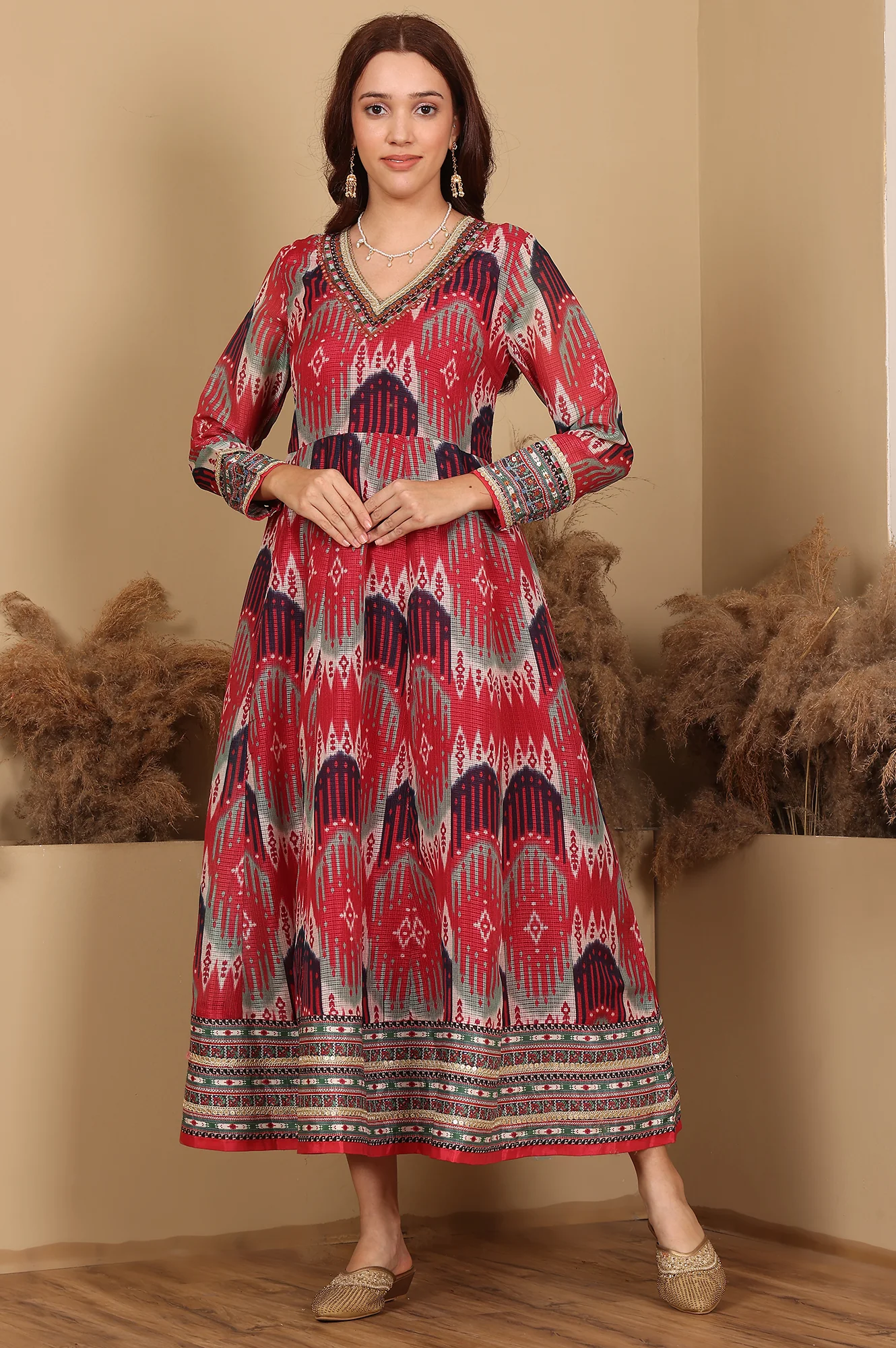 Red And Multi-Coloured Ikkat Printed Flared Dress With Thread & Mirror Work - Image 2