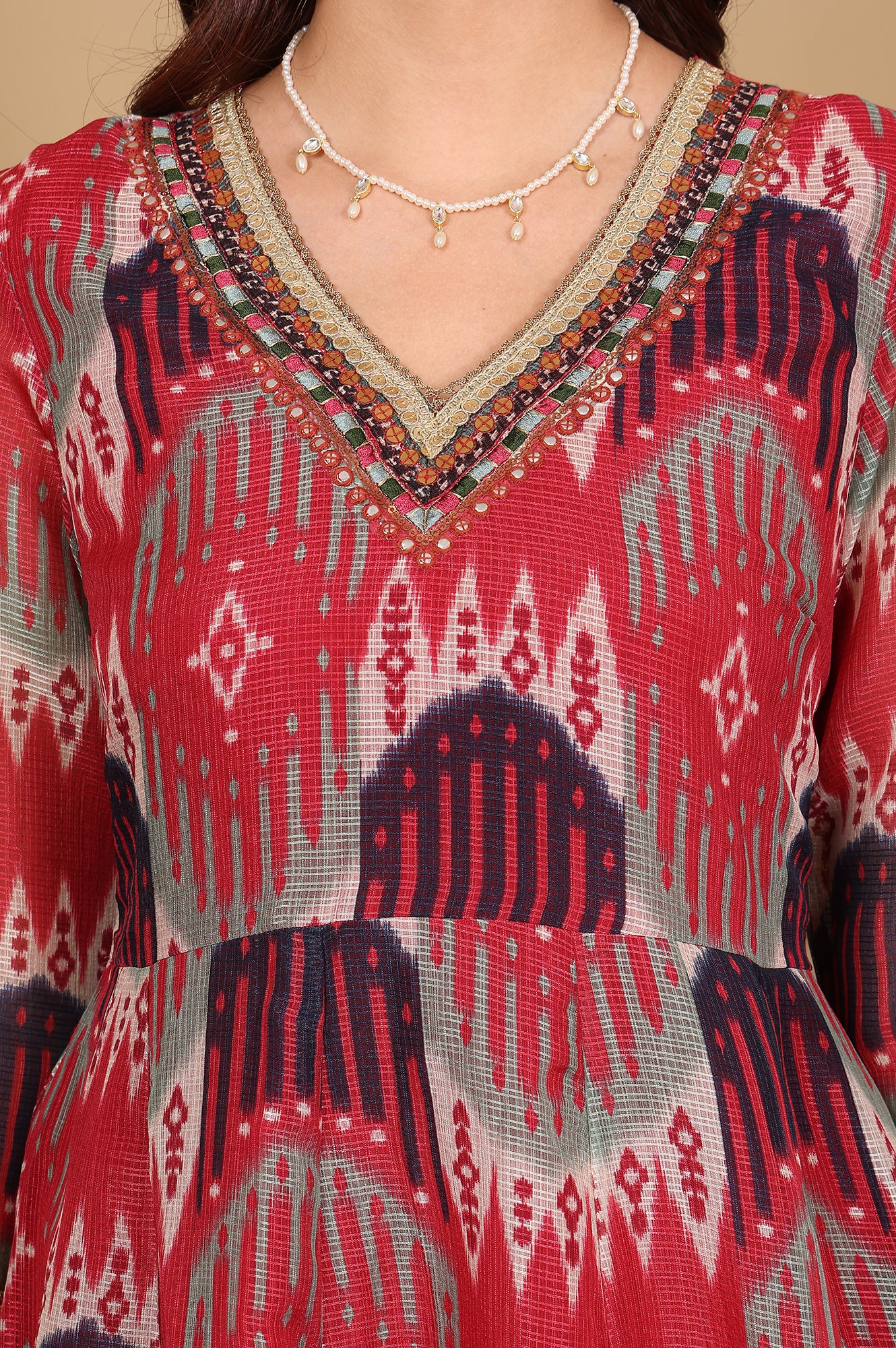 Red And Multi-Coloured Ikkat Printed Flared Dress With Thread & Mirror Work - Image 3