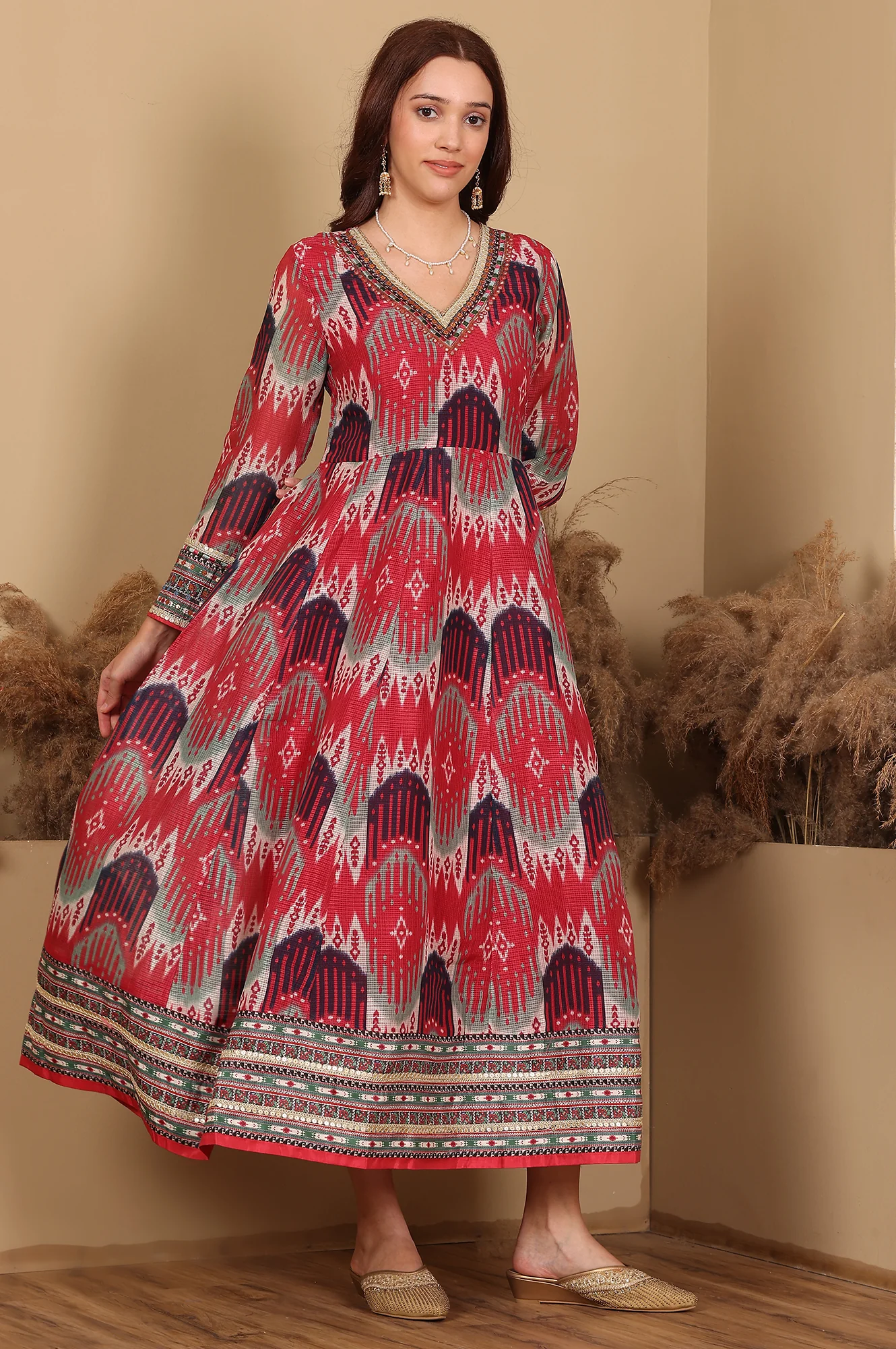 Red And Multi-Coloured Ikkat Printed Flared Dress With Thread & Mirror Work - Image 4