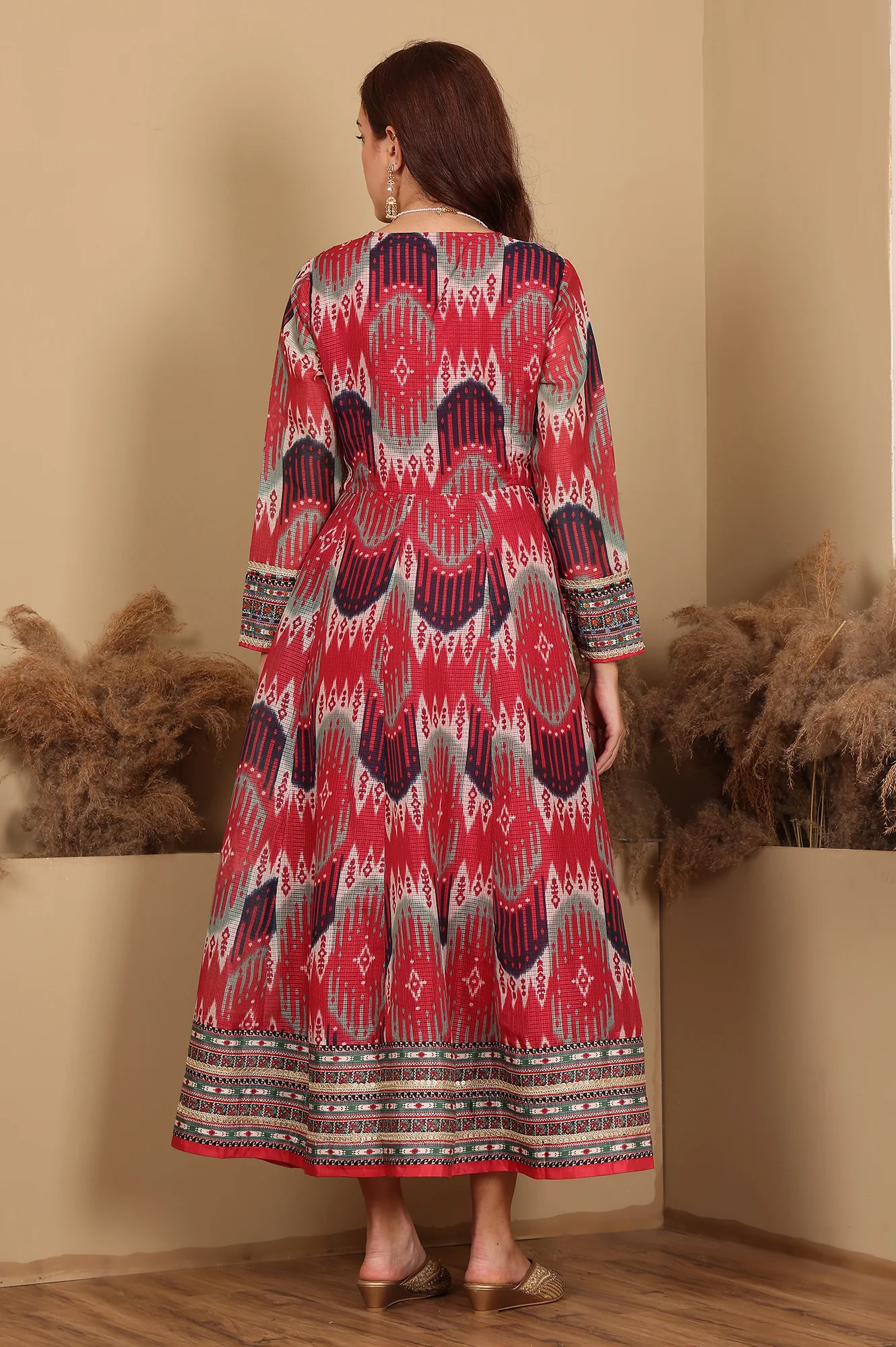 Red And Multi-Coloured Ikkat Printed Flared Dress With Thread & Mirror Work - Image 5