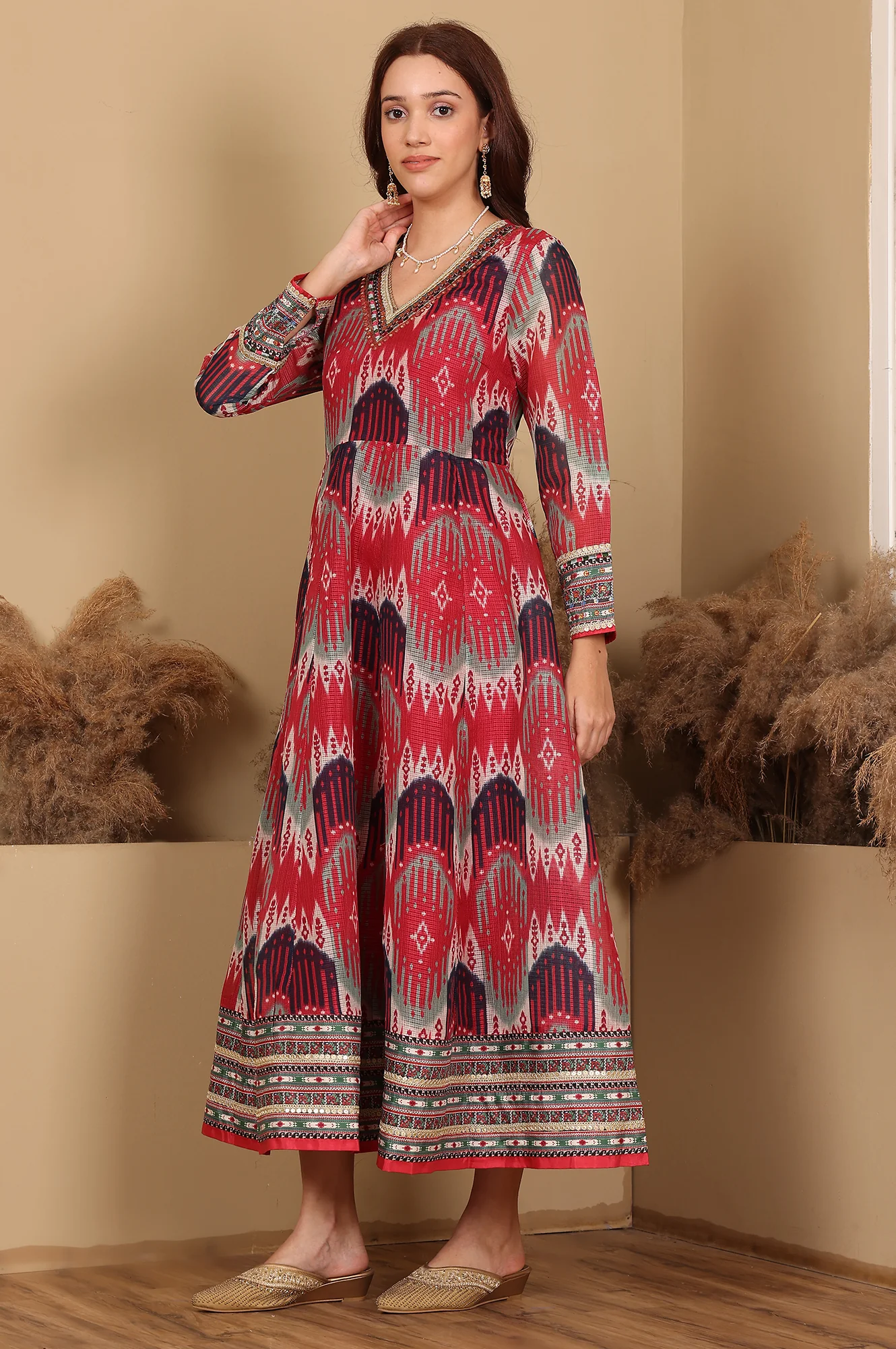 Red And Multi-Coloured Ikkat Printed Flared Dress With Thread & Mirror Work - Image 6