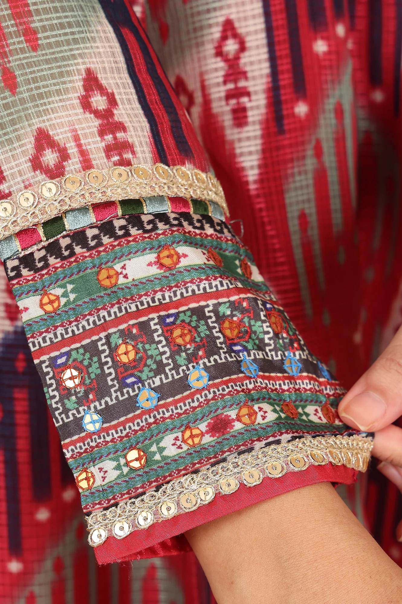 Red And Multi-Coloured Ikkat Printed Flared Dress With Thread & Mirror Work - Image 7