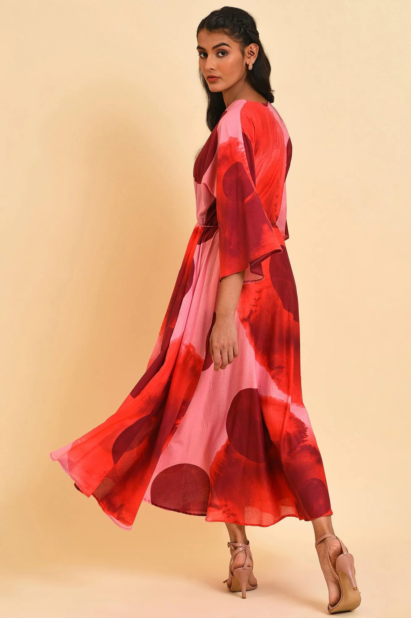 Red And Pink Polka Print Asymmetrical Dress - Image 2