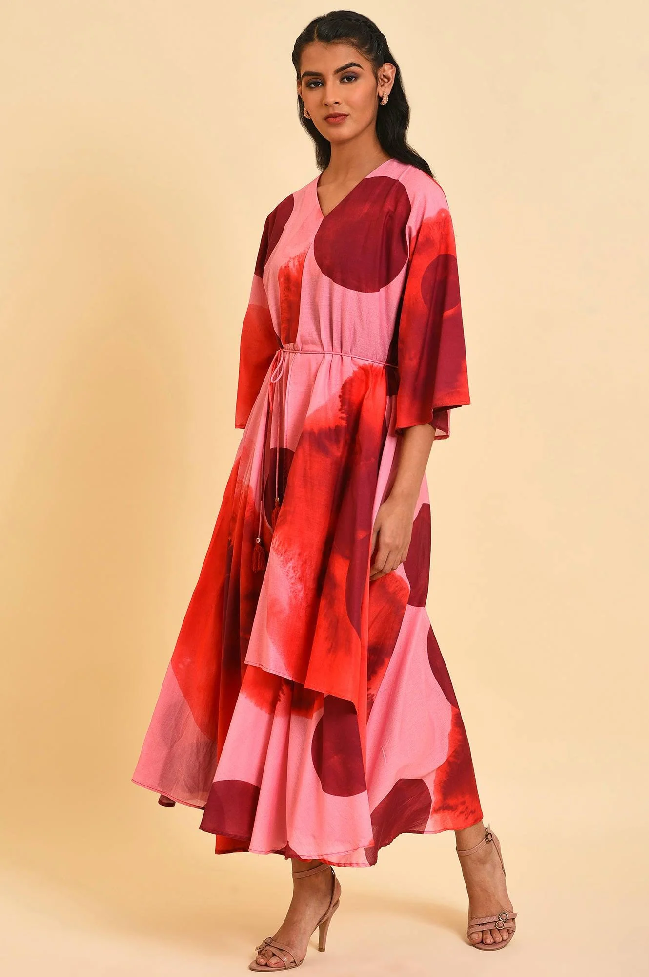 Red And Pink Polka Print Asymmetrical Dress - Image 3