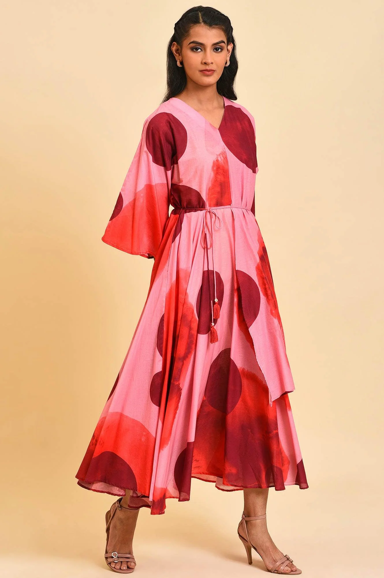 Red And Pink Polka Print Asymmetrical Dress - Image 4