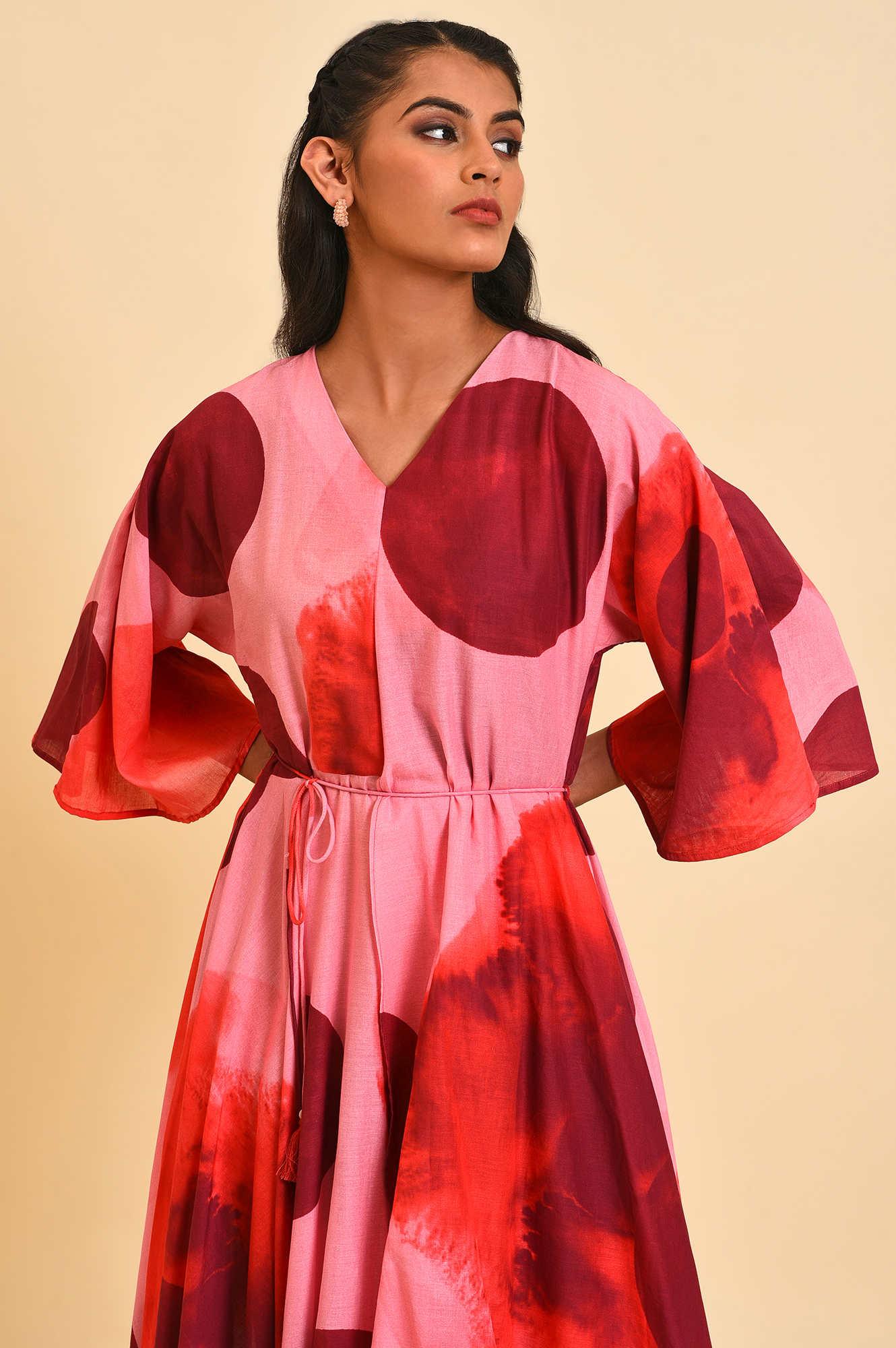 Red And Pink Polka Print Asymmetrical Dress - Image 5