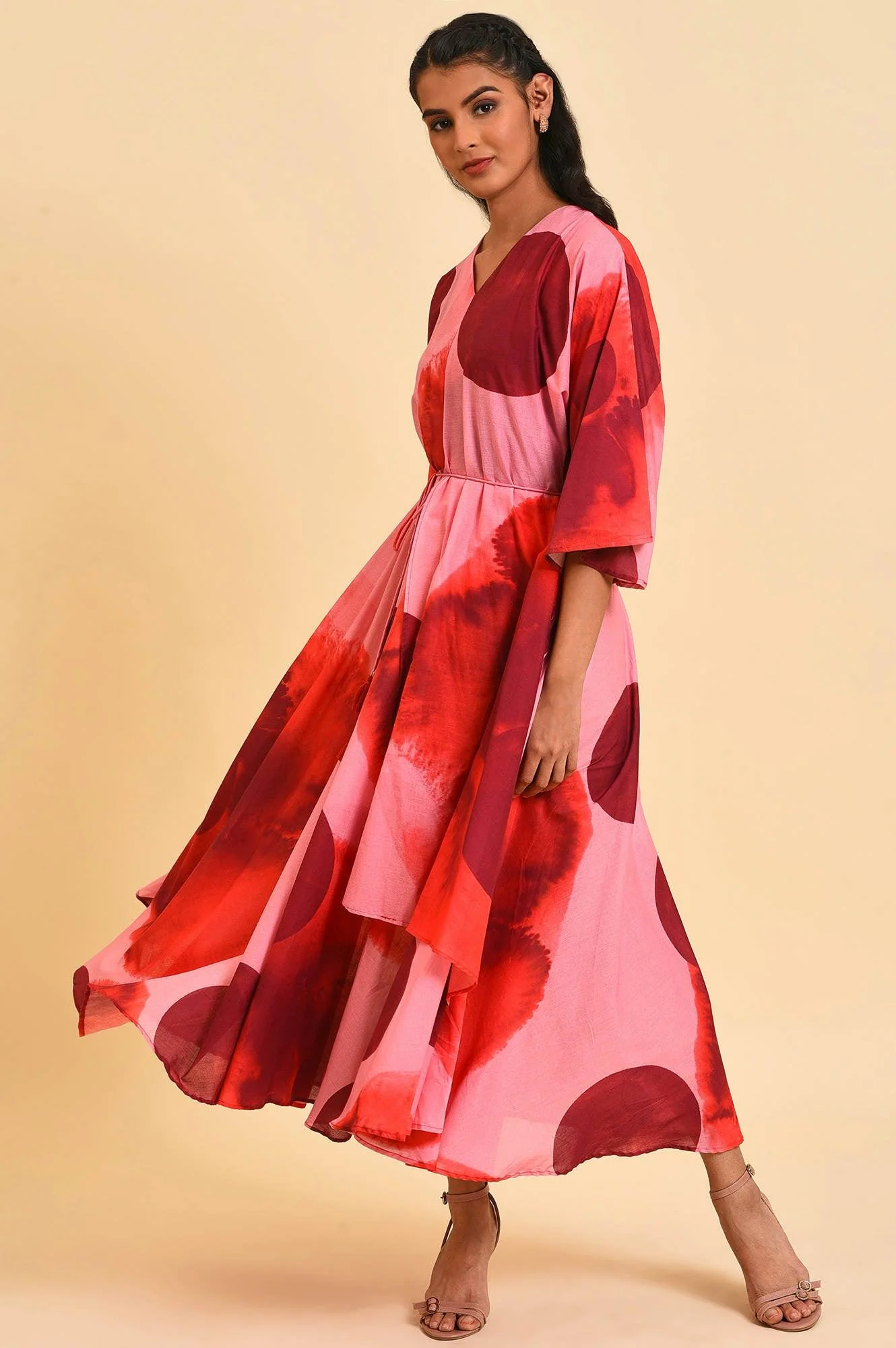 Red And Pink Polka Print Asymmetrical Dress - Image 6