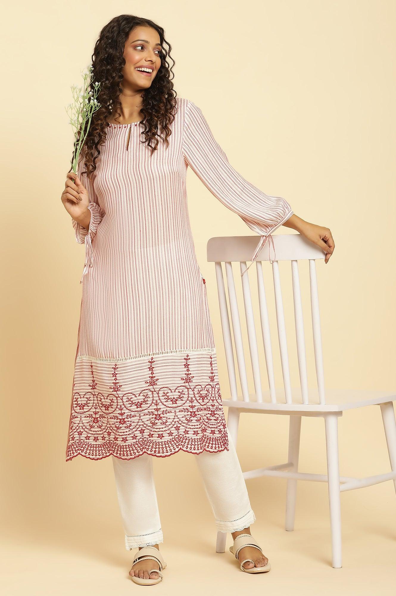 Red and White Striped Schiffli Embroidered Straight Kurta