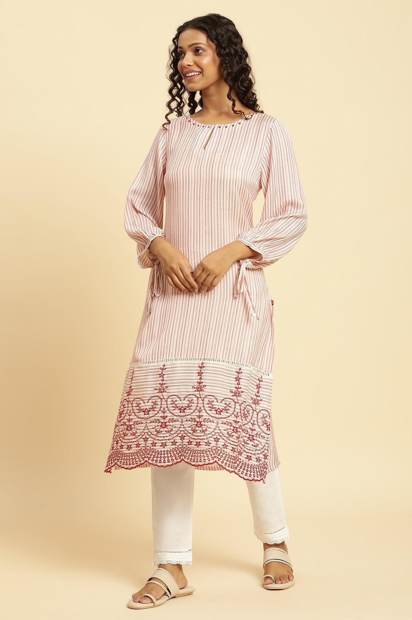 Red and White Striped Schiffli Embroidered Straight Kurta - Image 3