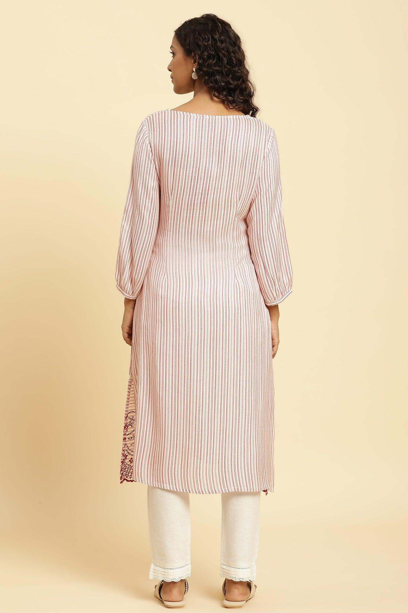Red and White Striped Schiffli Embroidered Straight Kurta - Image 4