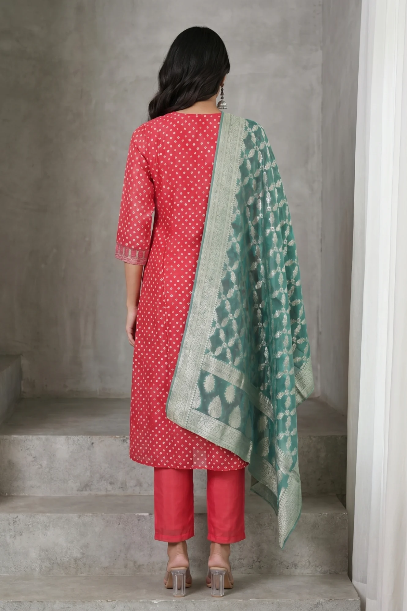 Red Bandhej Cotton Silk Straight Kurta with Pants and Dupatta Set - Image 5