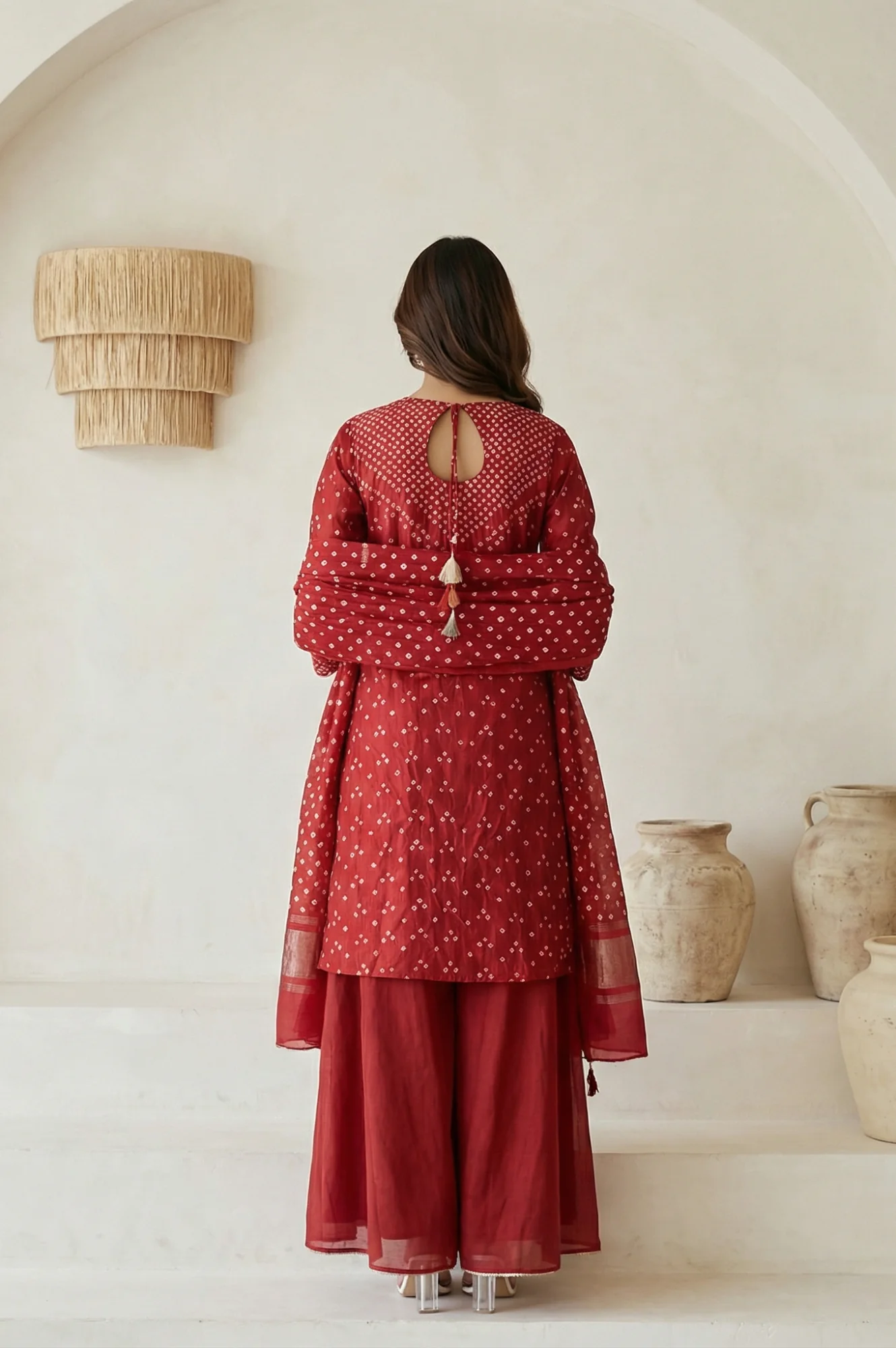 Red Bandhni Mirror Work Silk Blend Straight Kurta with Pant and Dupatta Set - Image 4