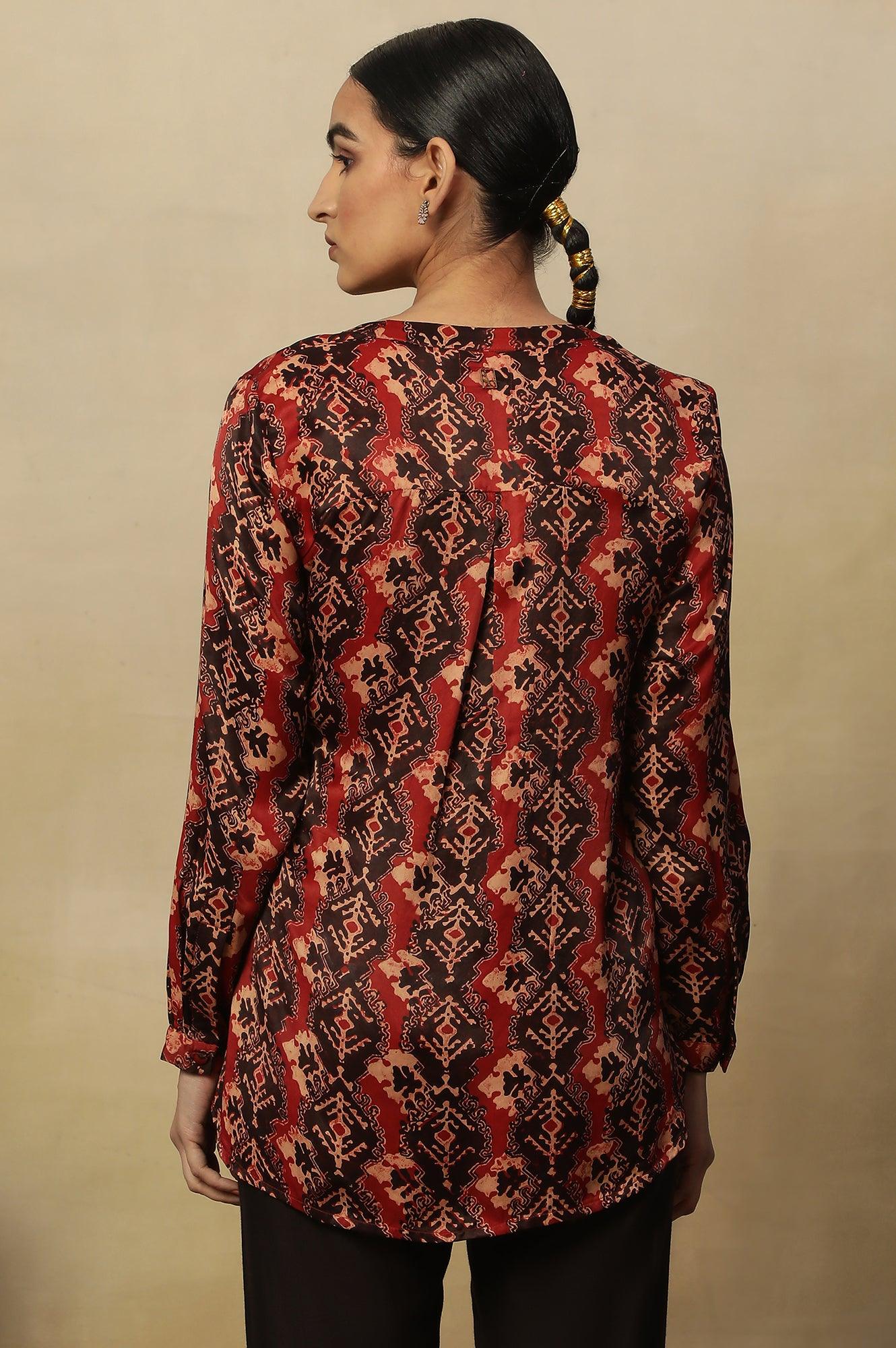 Red & Black Ajrakh Print Top In Modal Satin - Image 3