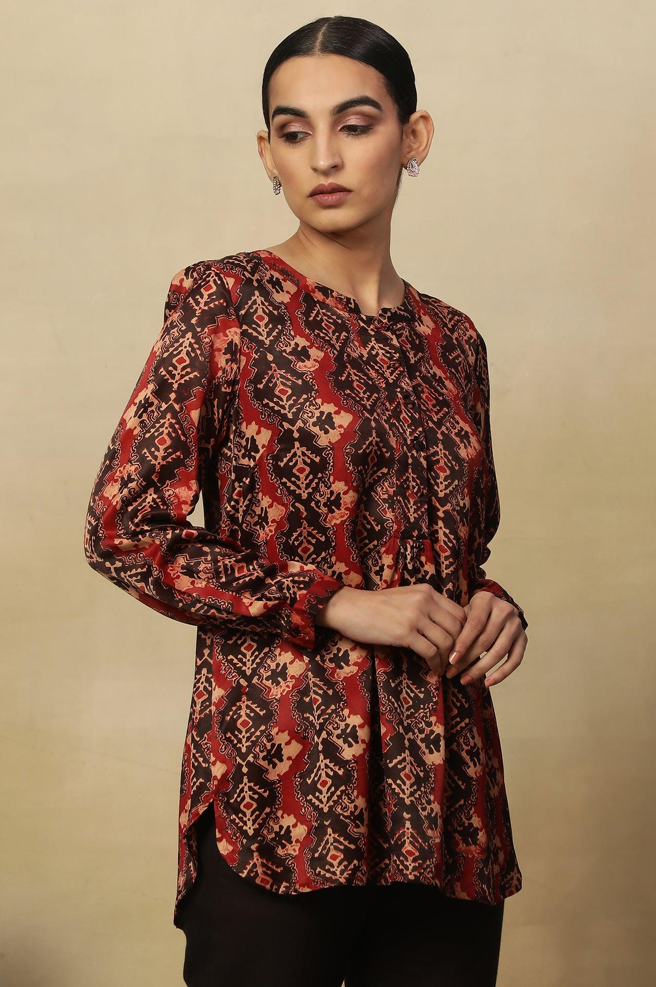 Red & Black Ajrakh Print Top In Modal Satin - Image 4