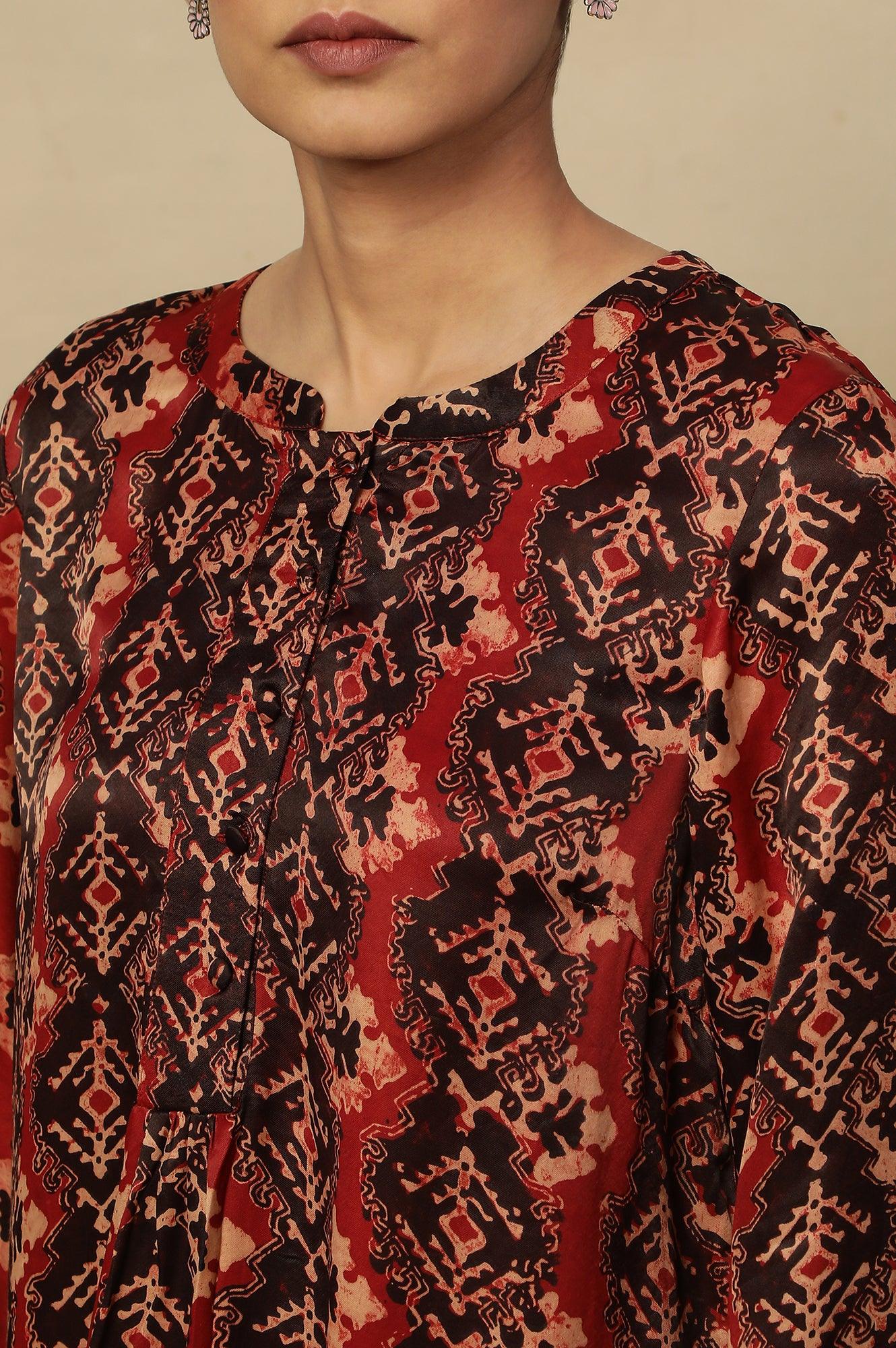 Red & Black Ajrakh Print Top In Modal Satin - Image 7