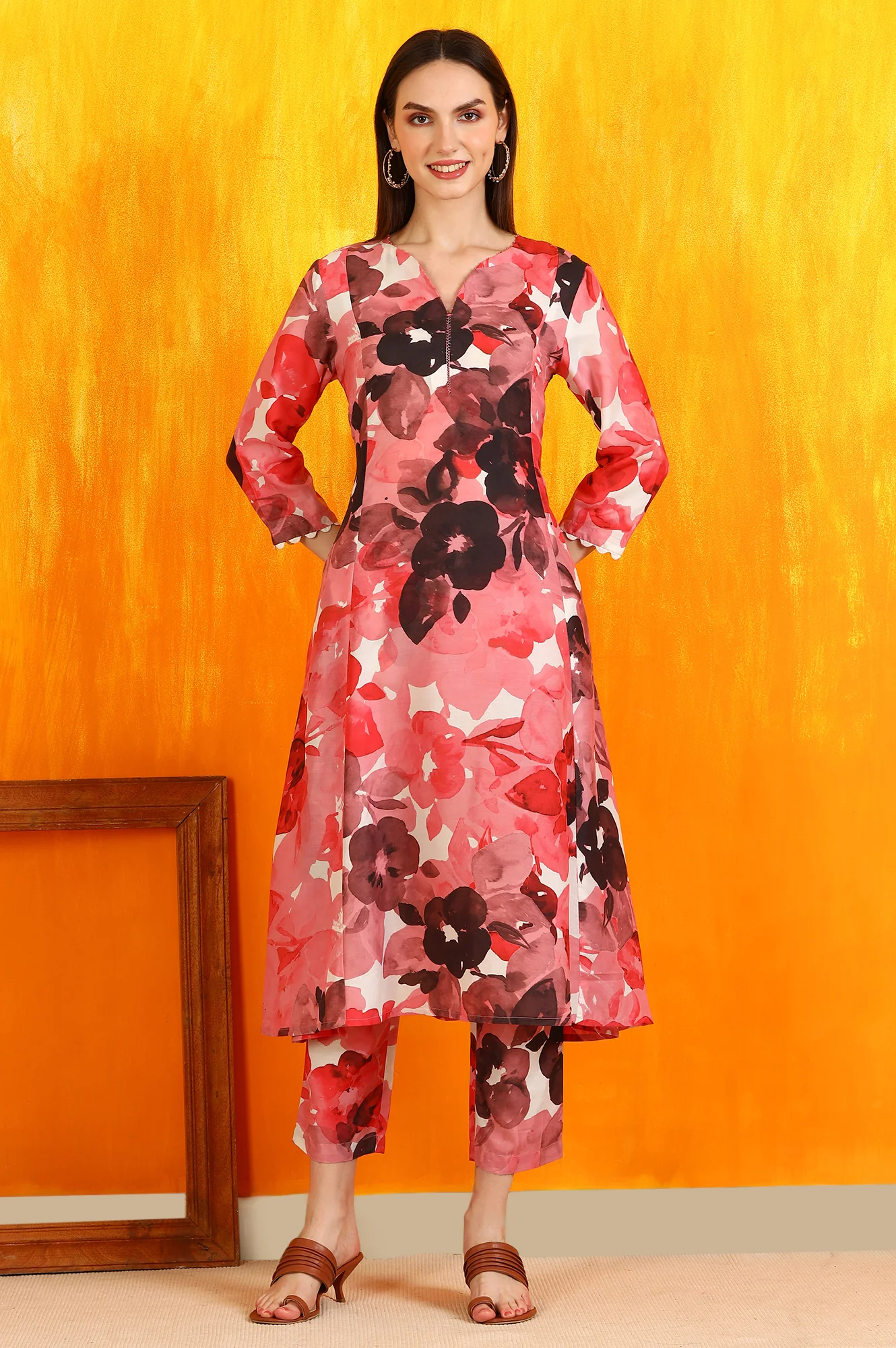 Red Bold Floral Printed Modal A-line Kurta and Pants Co-ord Set - Image 3