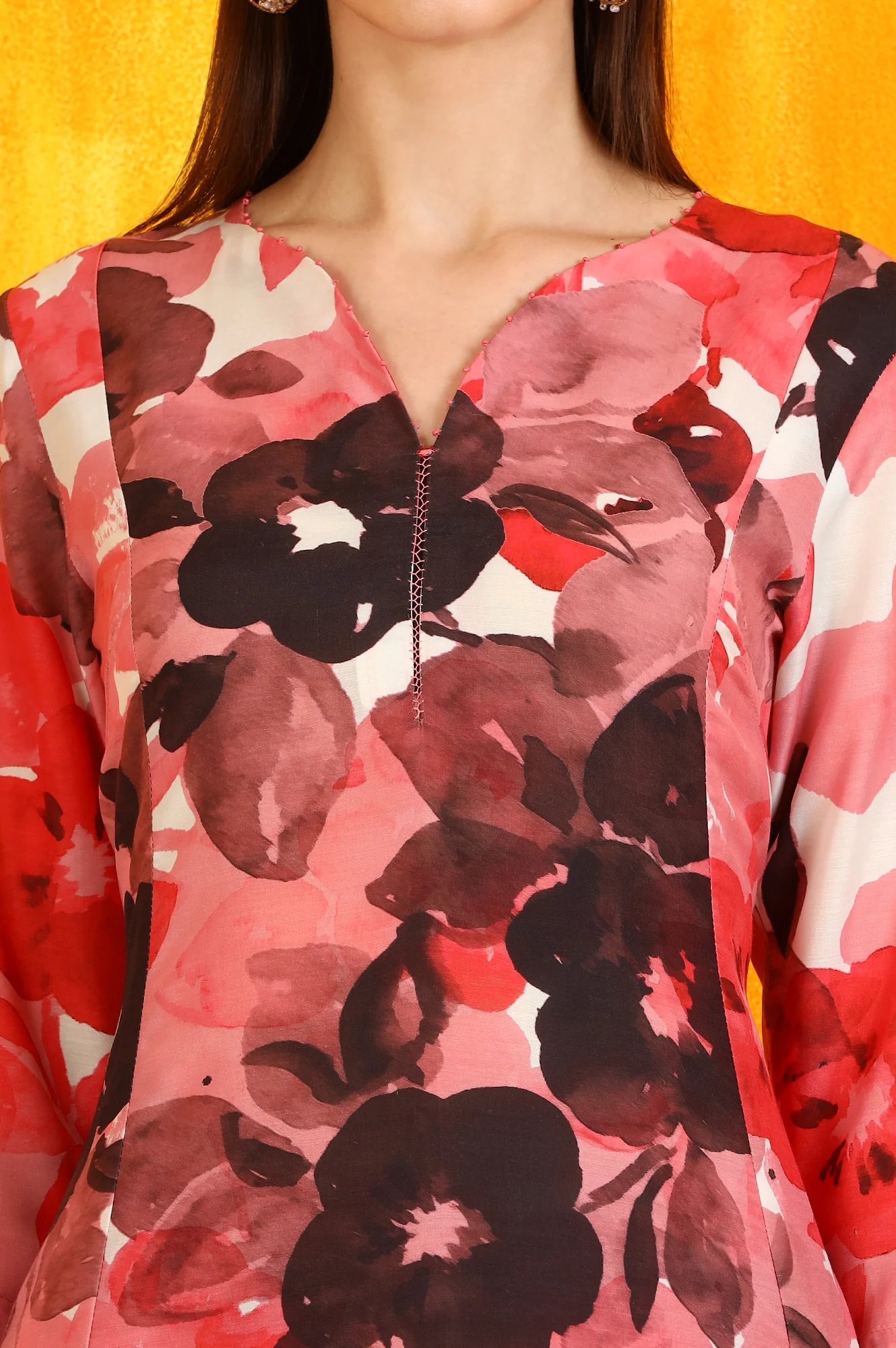 Red Bold Floral Printed Modal A-line Kurta and Pants Co-ord Set - Image 4