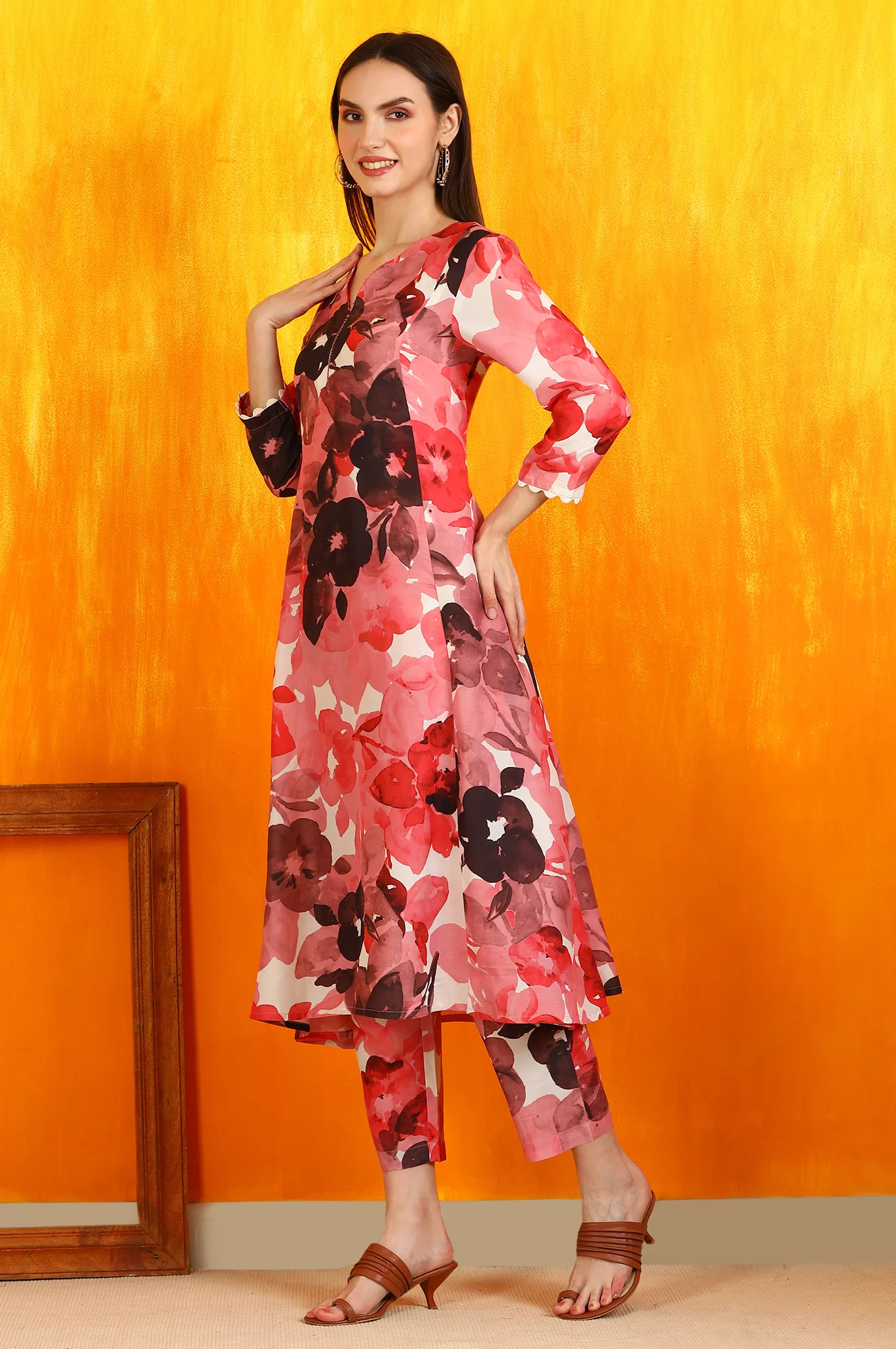 Red Bold Floral Printed Modal A-line Kurta and Pants Co-ord Set - Image 5