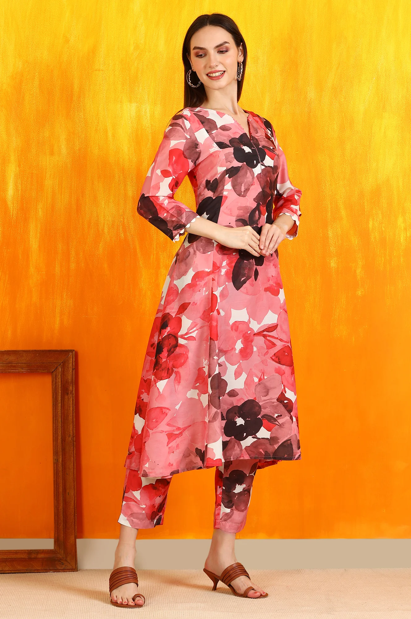Red Bold Floral Printed Modal A-line Kurta and Pants Co-ord Set - Image 7
