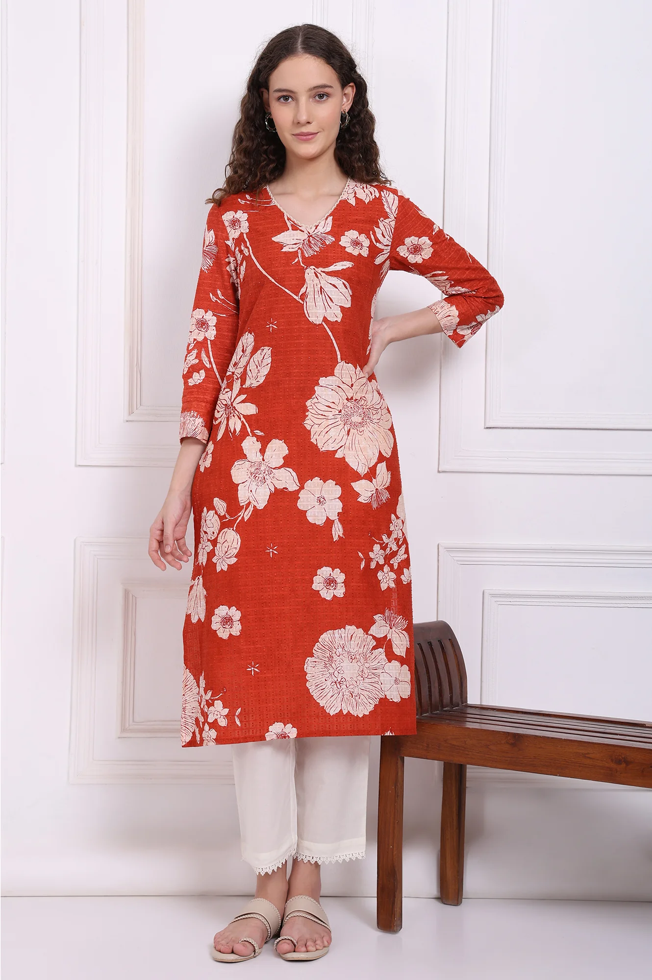 Red Bold Floral Printed Pure Cotton Straight Kurta with Lace - Image 2