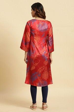 Red Bold Floral Printed Satin A-Line Kurta - Image 4