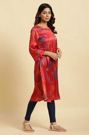 Red Bold Floral Printed Satin A-Line Kurta - Image 5