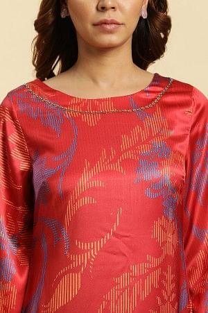 Red Bold Floral Printed Satin A-Line Kurta - Image 6