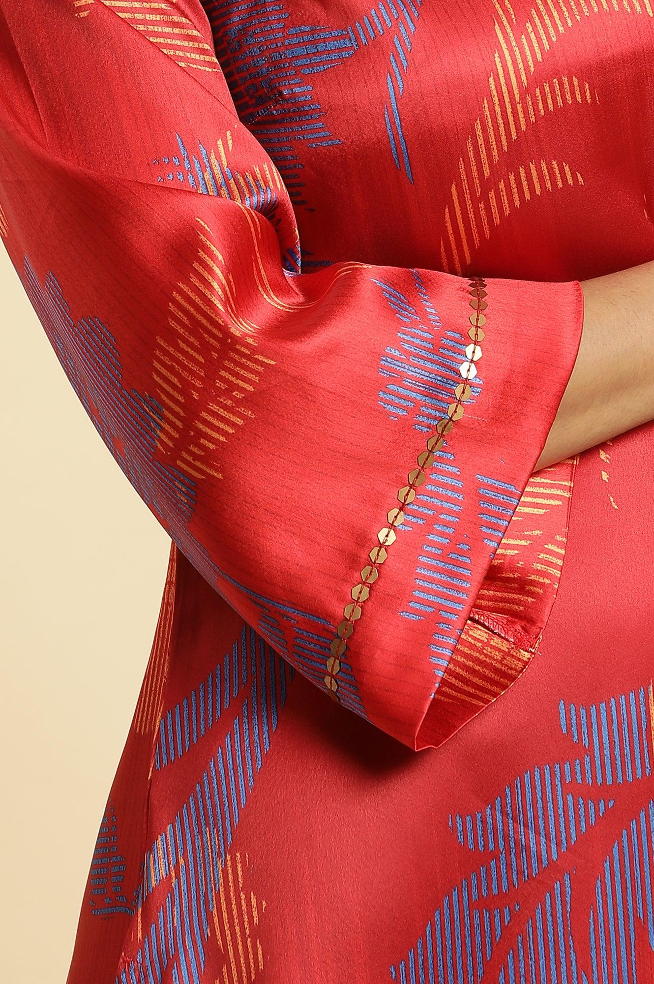 Red Bold Floral Printed Satin A-Line Kurta - Image 7