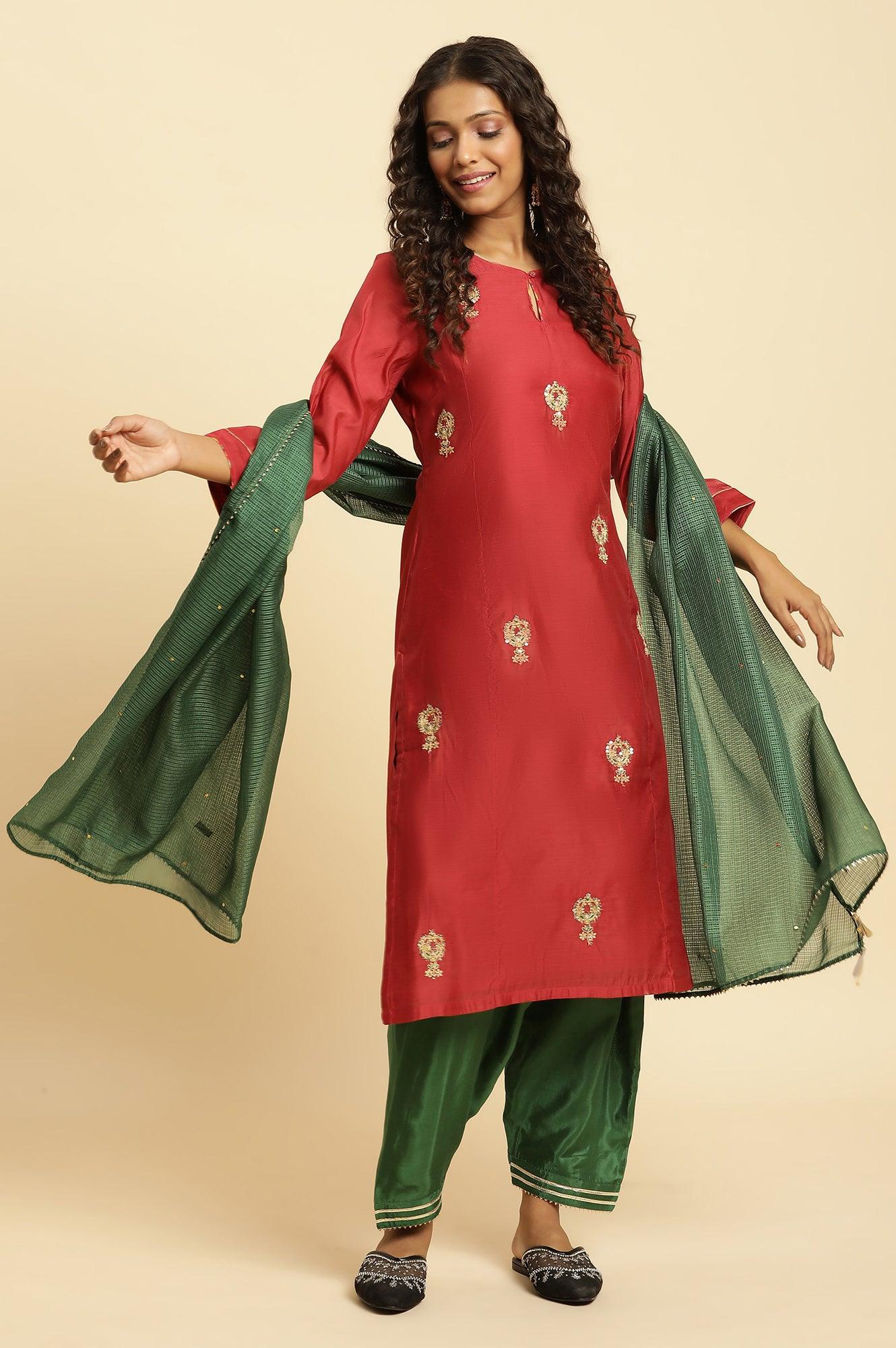 Red Chanderi Straight Kurta With Dori Embroidery - Image 6
