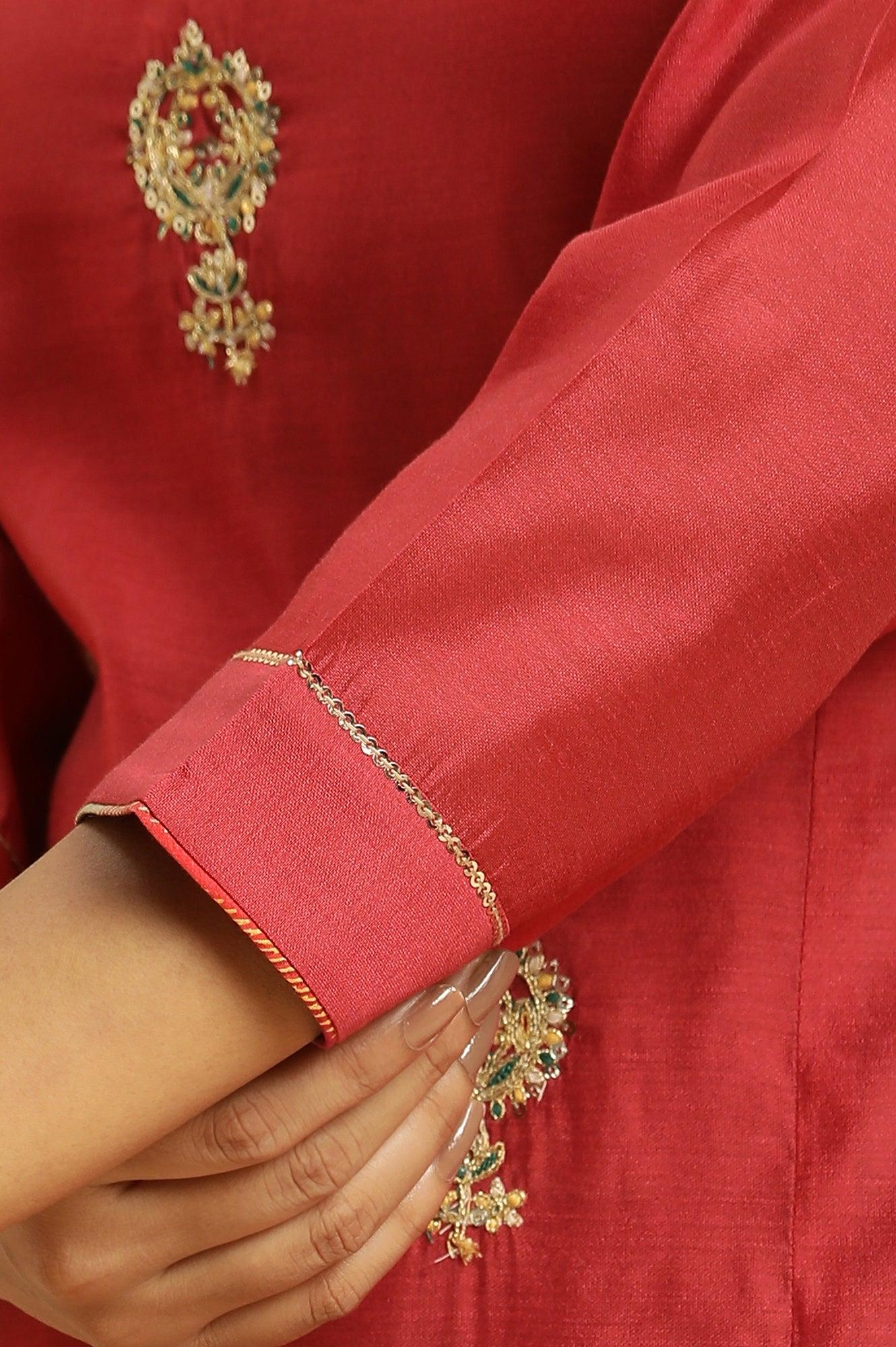 Red Chanderi Straight Kurta With Dori Embroidery - Image 8