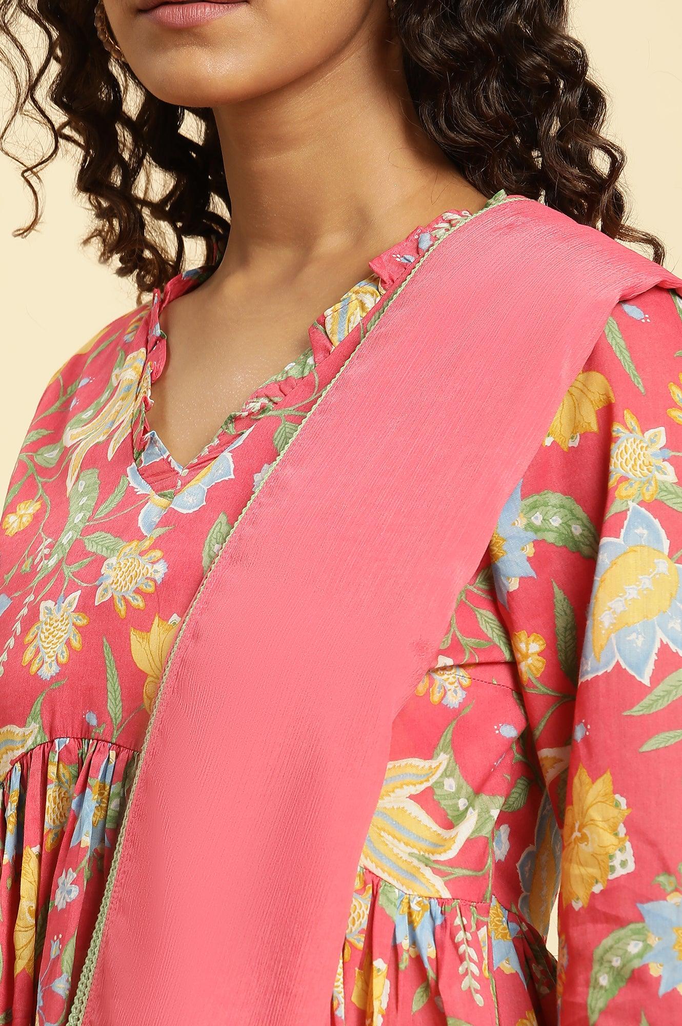 Red Chintz Gathered Kurta, Pants and Dupatta Set - Image 6