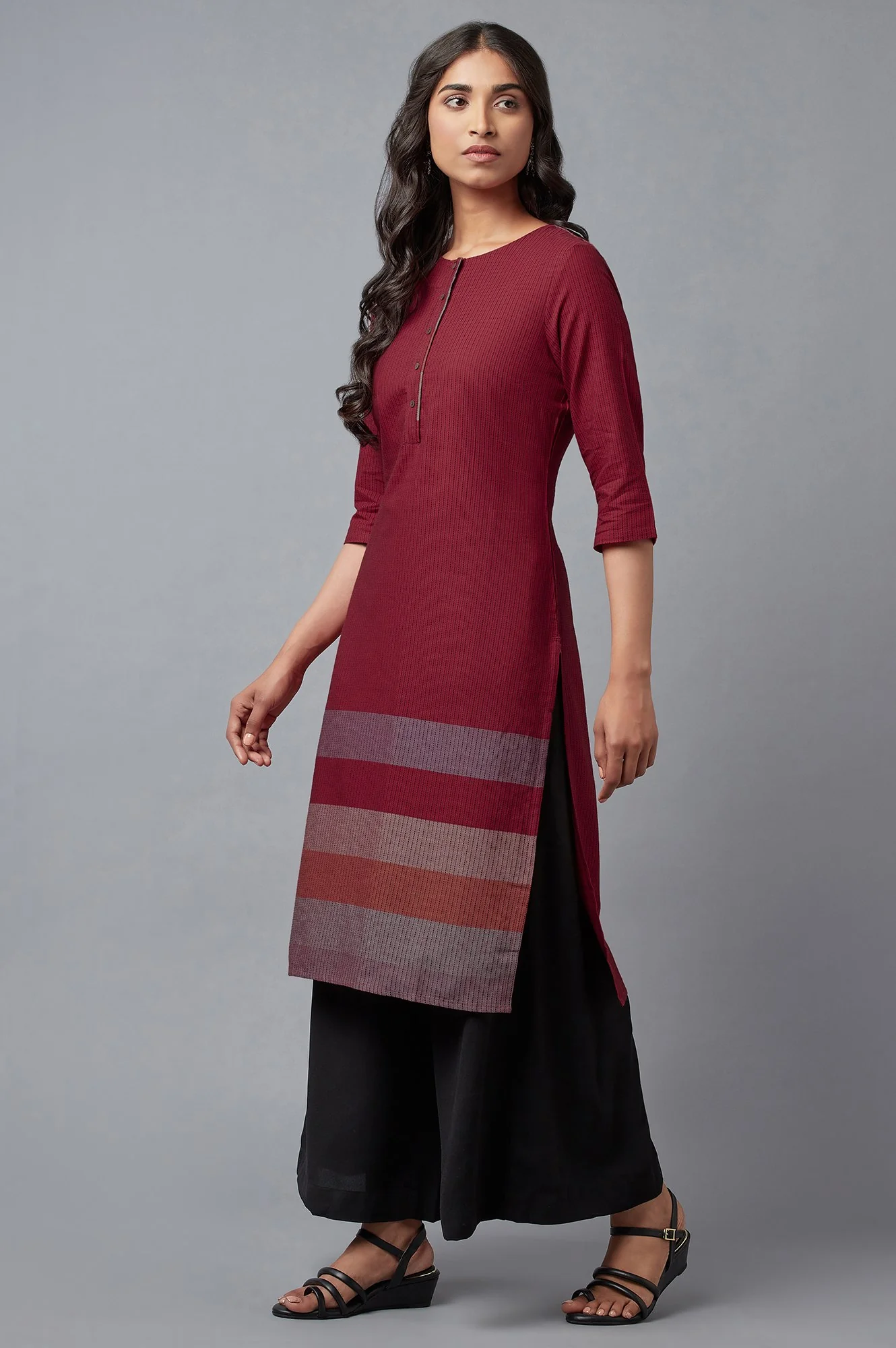 Red Cotton Dobby Placket kurta - Image 3