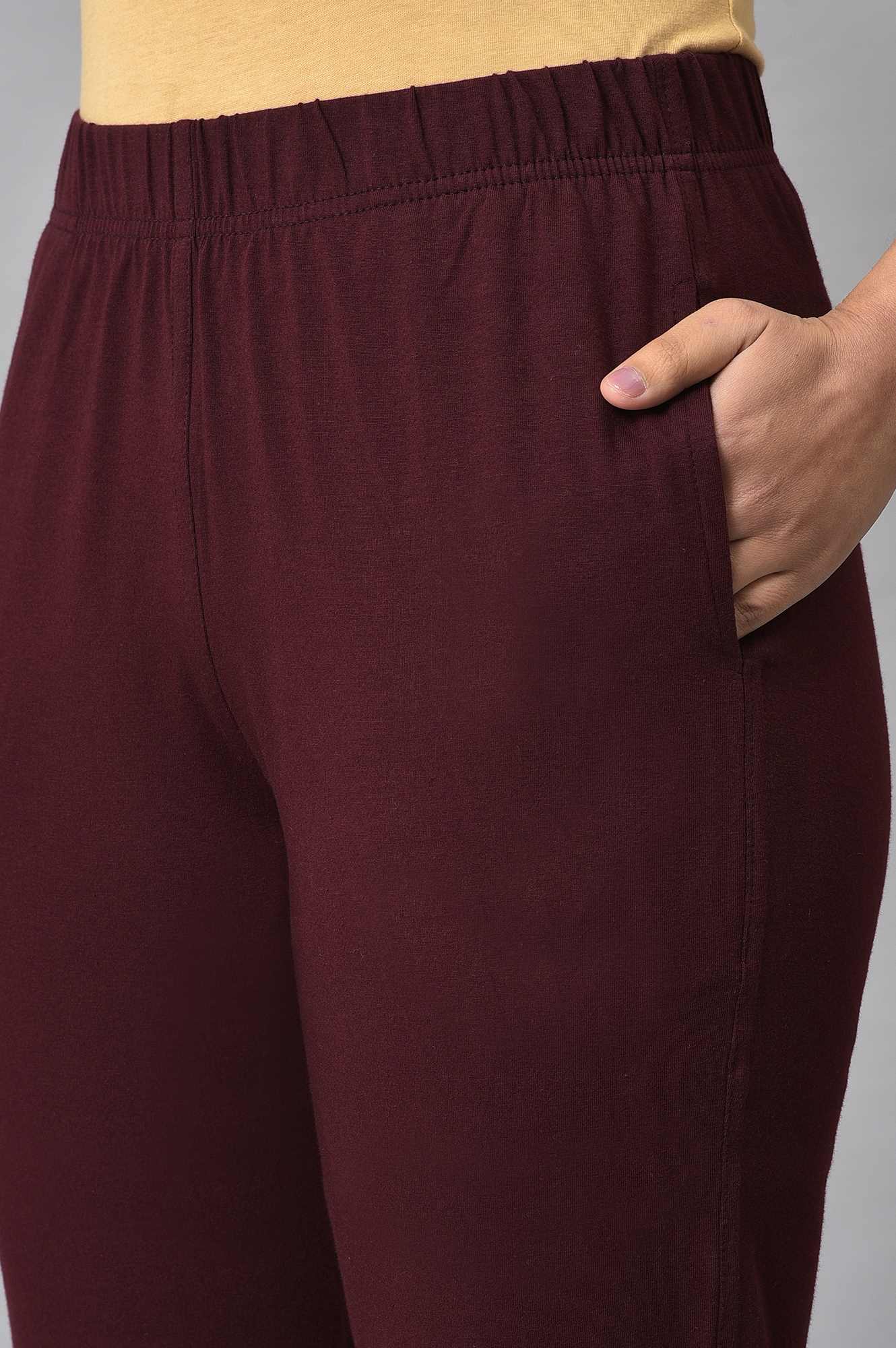 Elleven Women's Maroon Solid Straight-fit Cotton Pants with Elasticated Waist