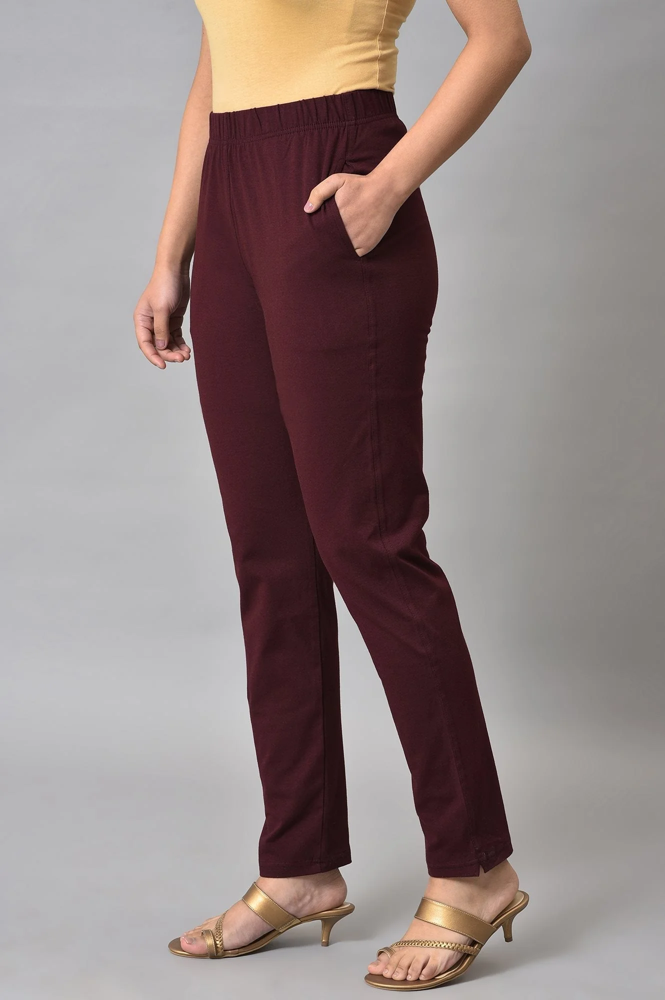 Elleven Women's Maroon Solid Straight-fit Cotton Pants with Elasticated Waist - Image 5