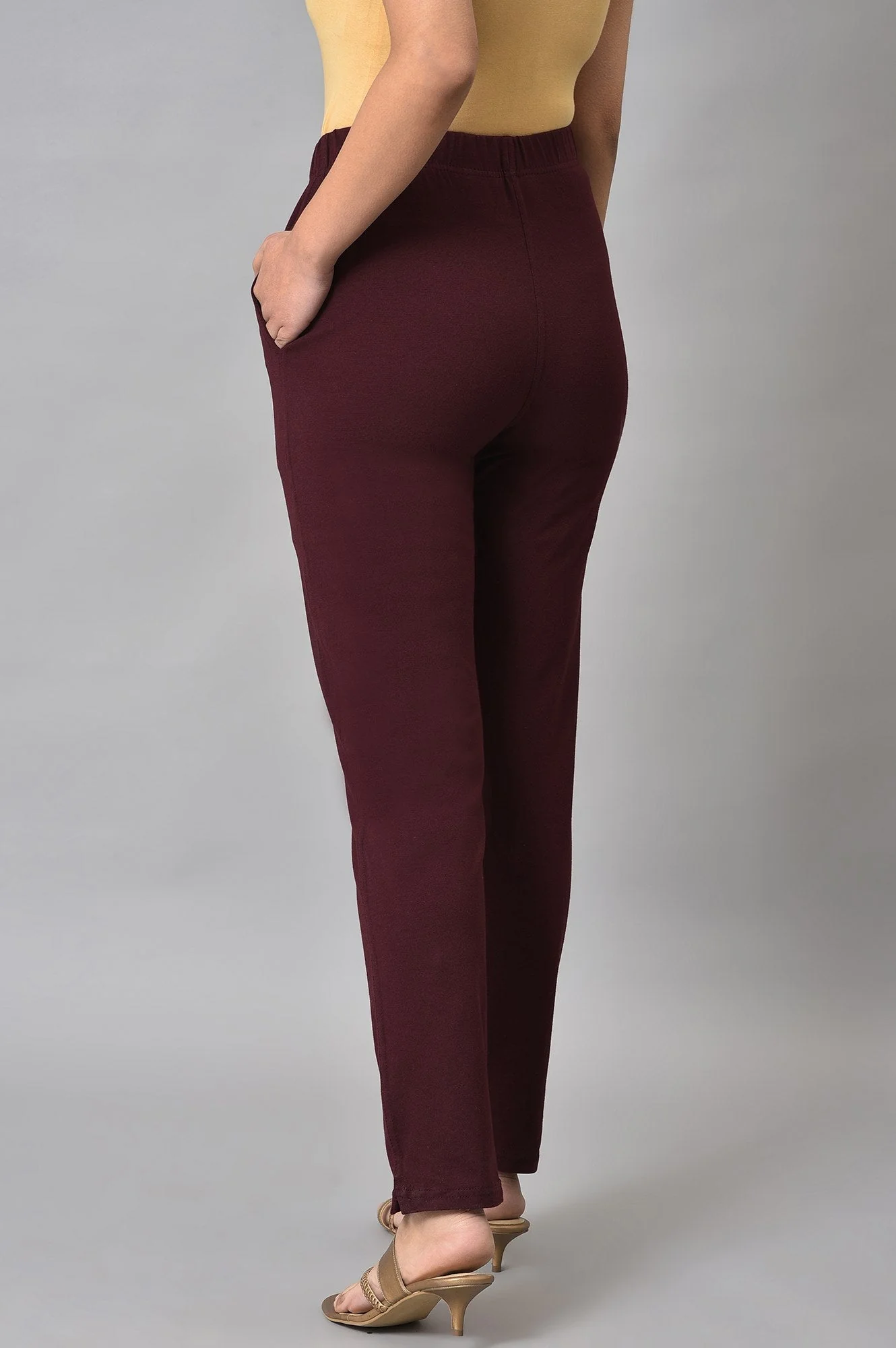 Elleven Women's Maroon Solid Straight-fit Cotton Pants with Elasticated Waist - Image 6