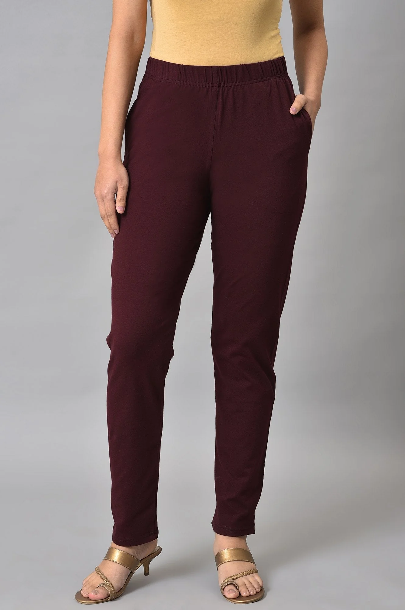 Elleven Women's Maroon Solid Straight-fit Cotton Pants with Elasticated Waist - Image 7