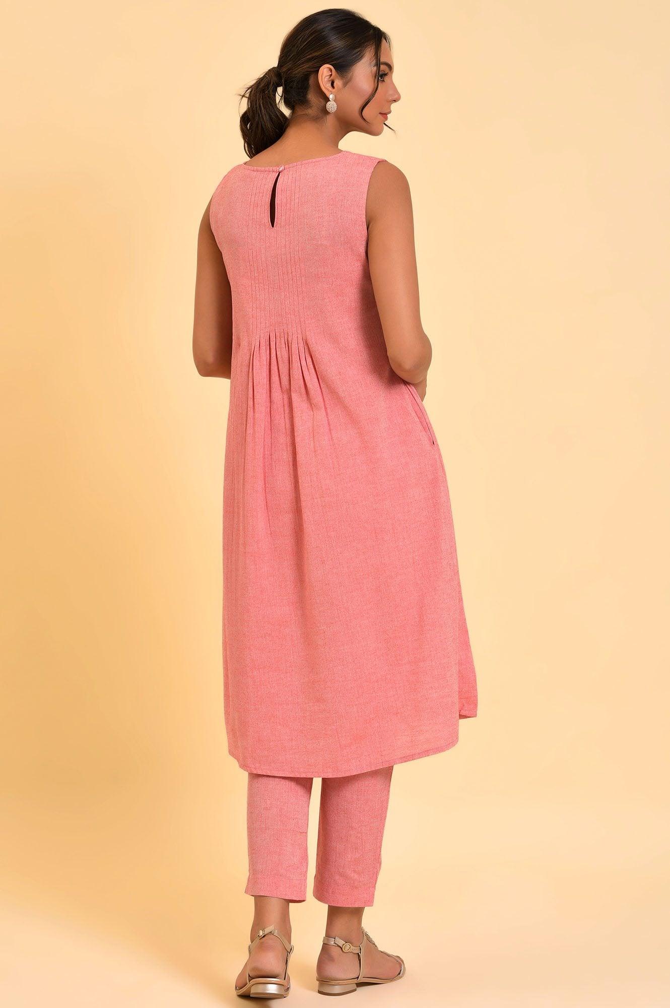 Red Cotton Pleated Sleeveless kurta & Pants Co-Ord Set - Image 2