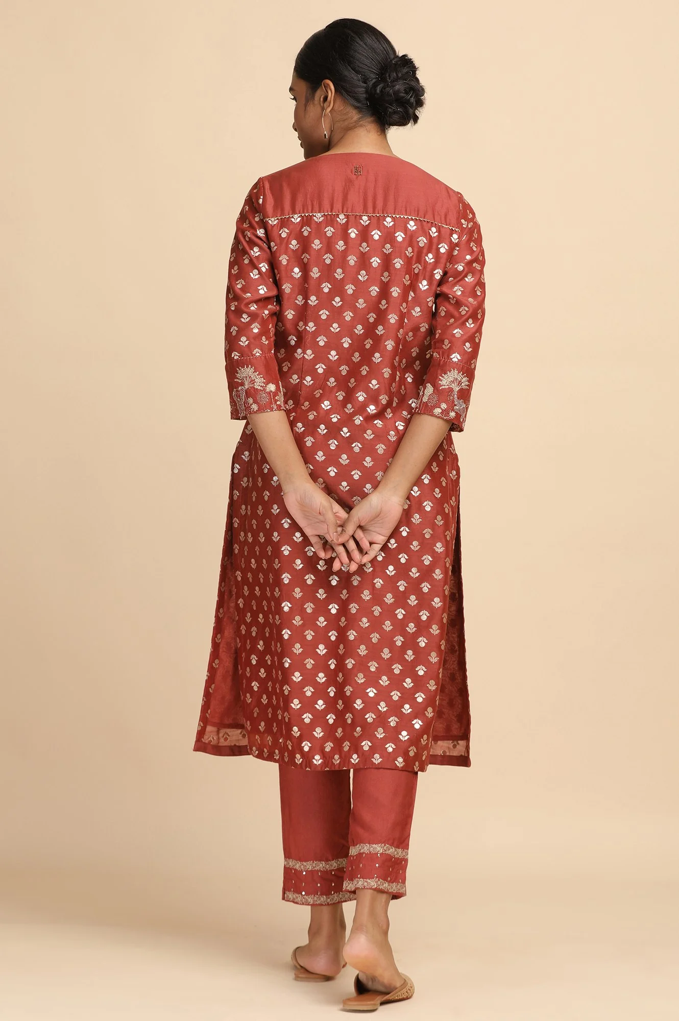 Red Cotton Silk Jacquard kurta - Image 2