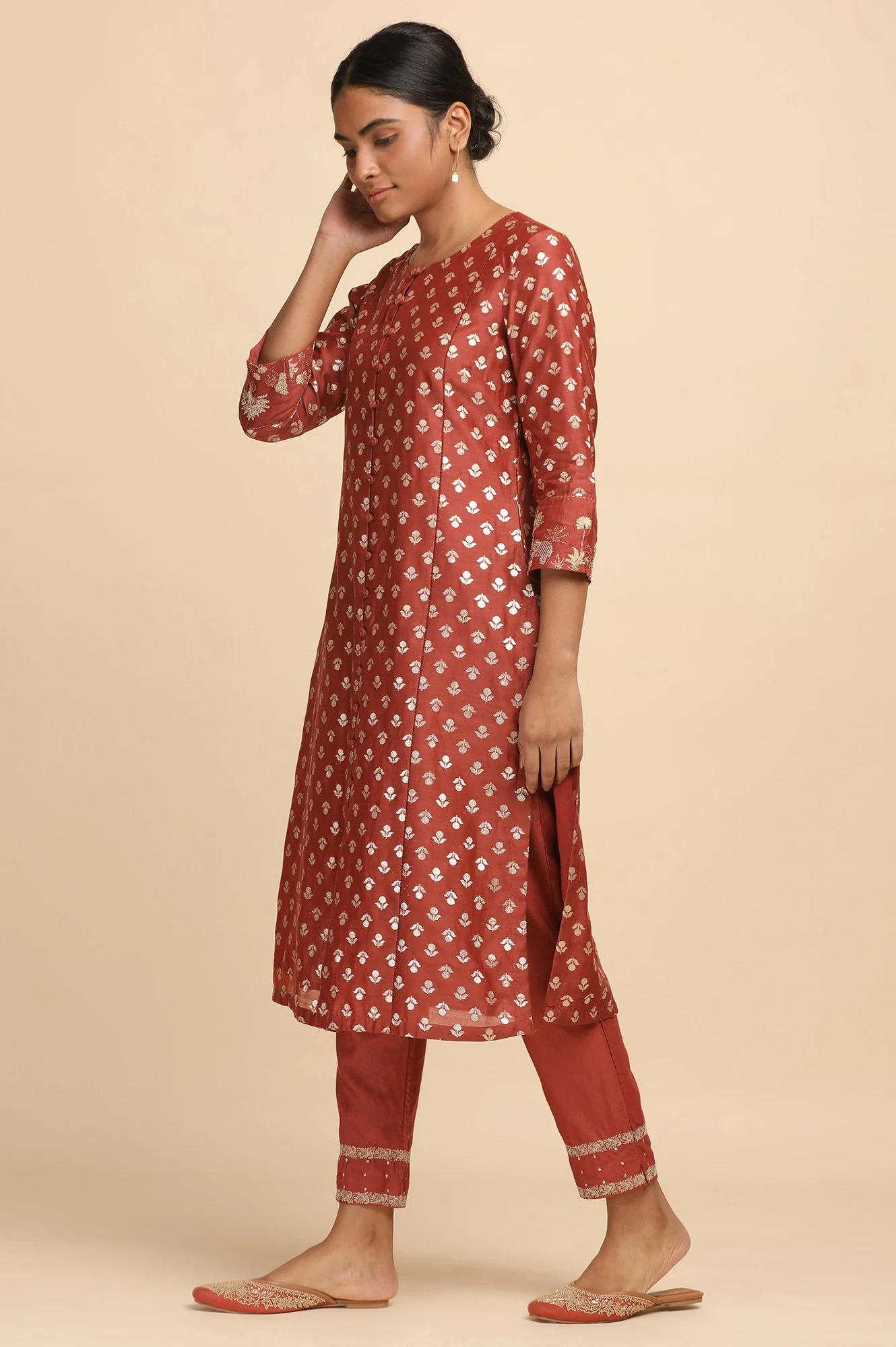 Red Cotton Silk Jacquard kurta - Image 3