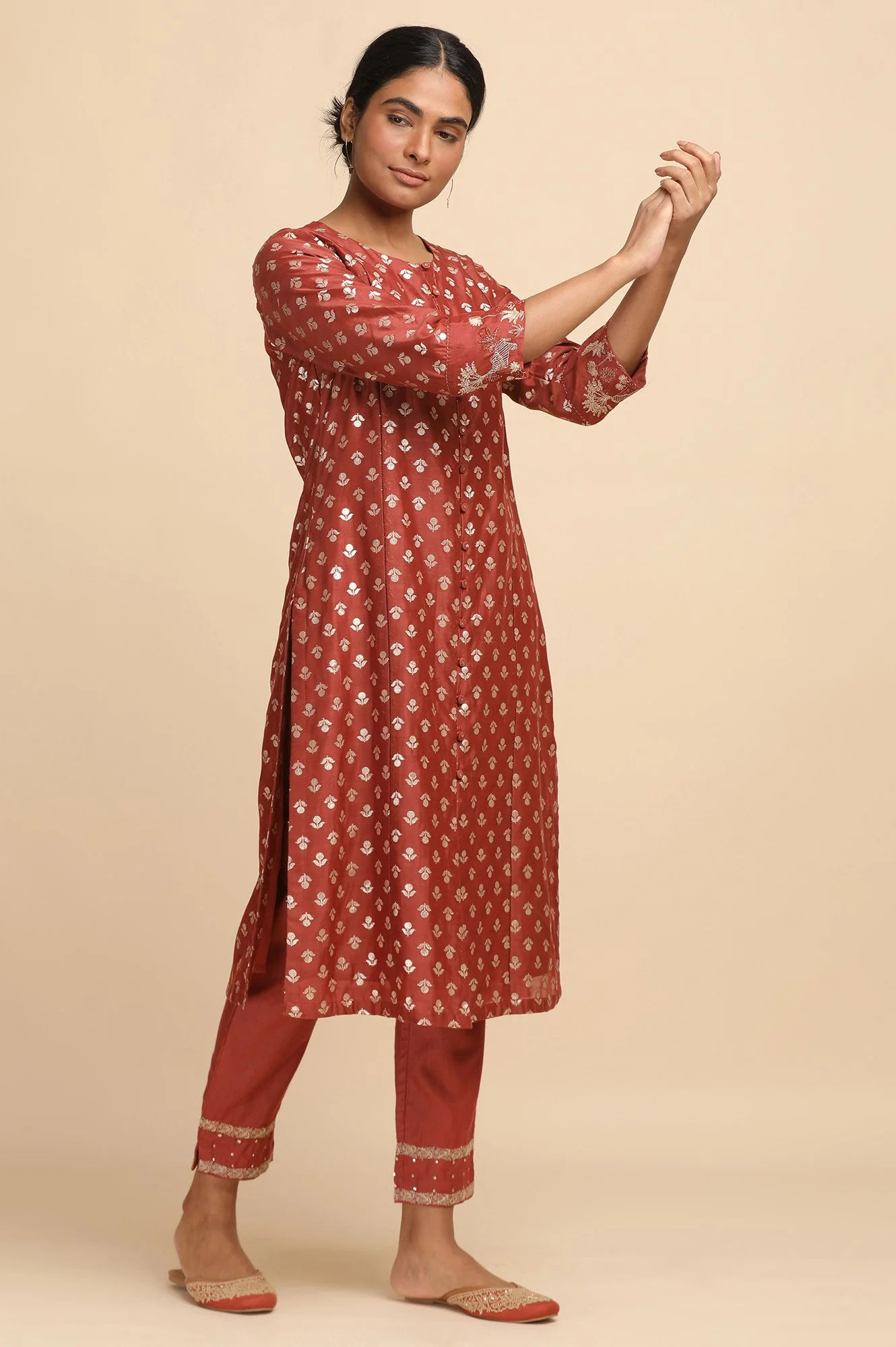 Red Cotton Silk Jacquard kurta - Image 4