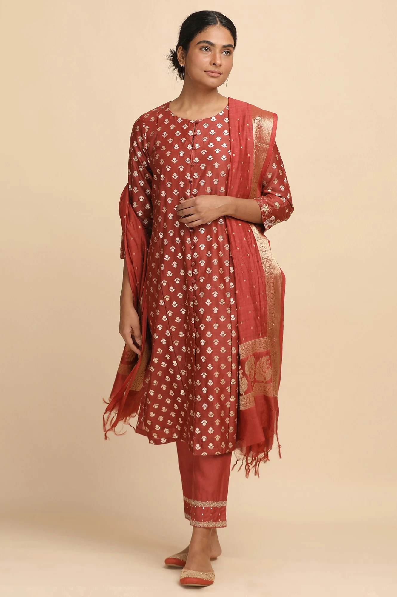 Red Cotton Silk Jacquard kurta - Image 5