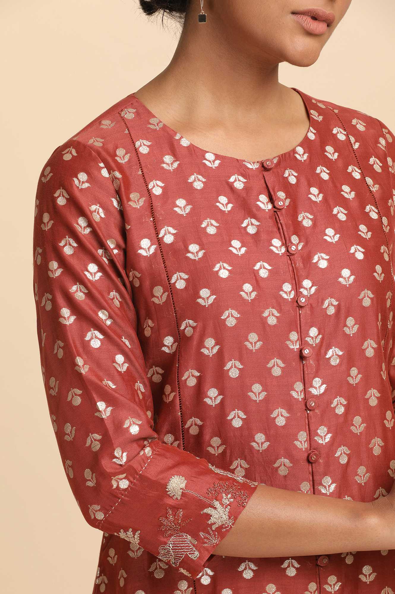 Red Cotton Silk Jacquard kurta - Image 6