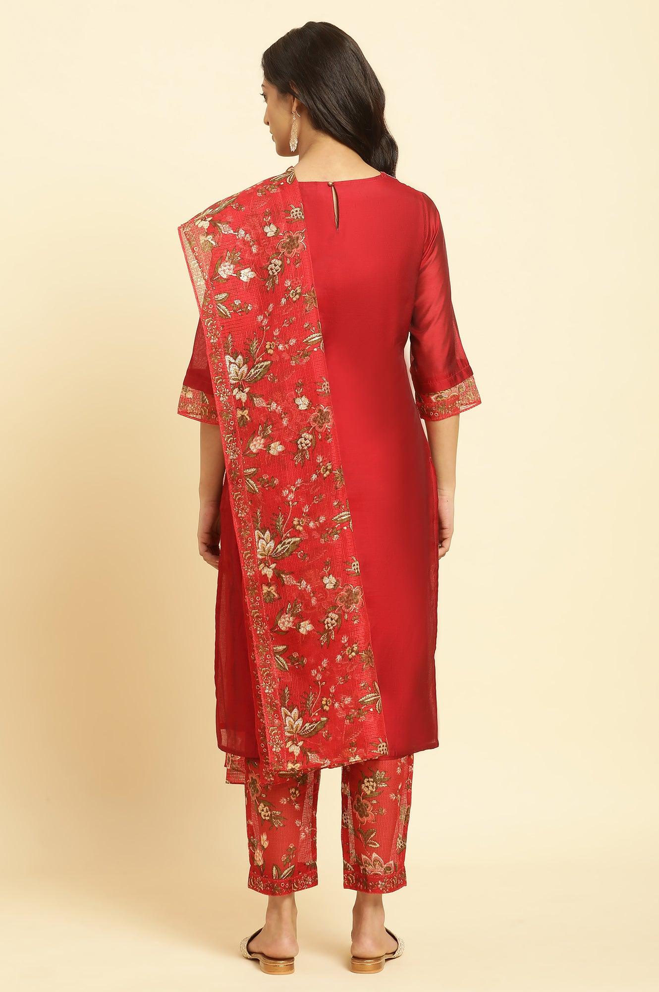 Red Dori Embroidered Chanderi Straight Kurta, Pants and Dupatta Festive Set - Image 5
