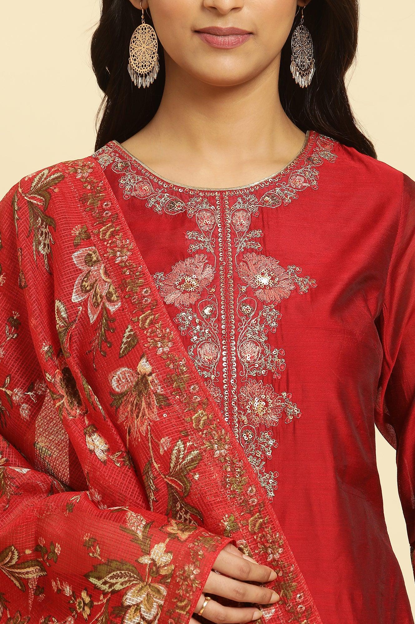 Red Dori Embroidered Chanderi Straight Kurta, Pants and Dupatta Festive Set - Image 7