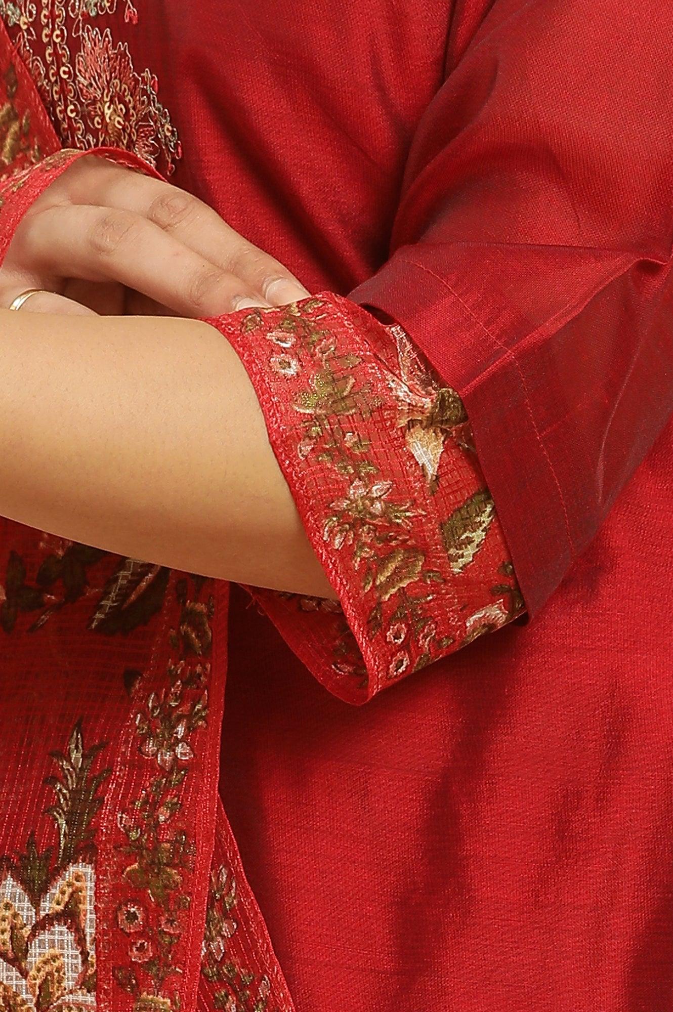 Red Dori Embroidered Chanderi Straight Kurta, Pants and Dupatta Festive Set - Image 8