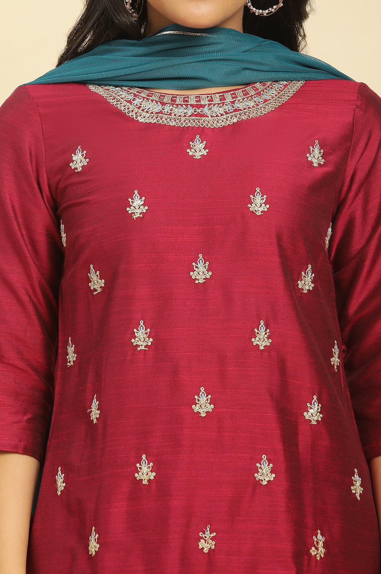 Red Dori Embroidered Festive Kurta, Pants And Dupatta Set - Image 6